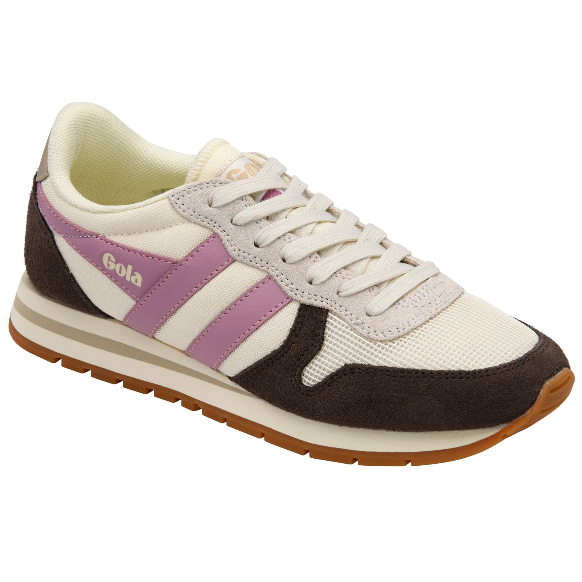 Gola trainer in off-white, brown, and pink on a white background