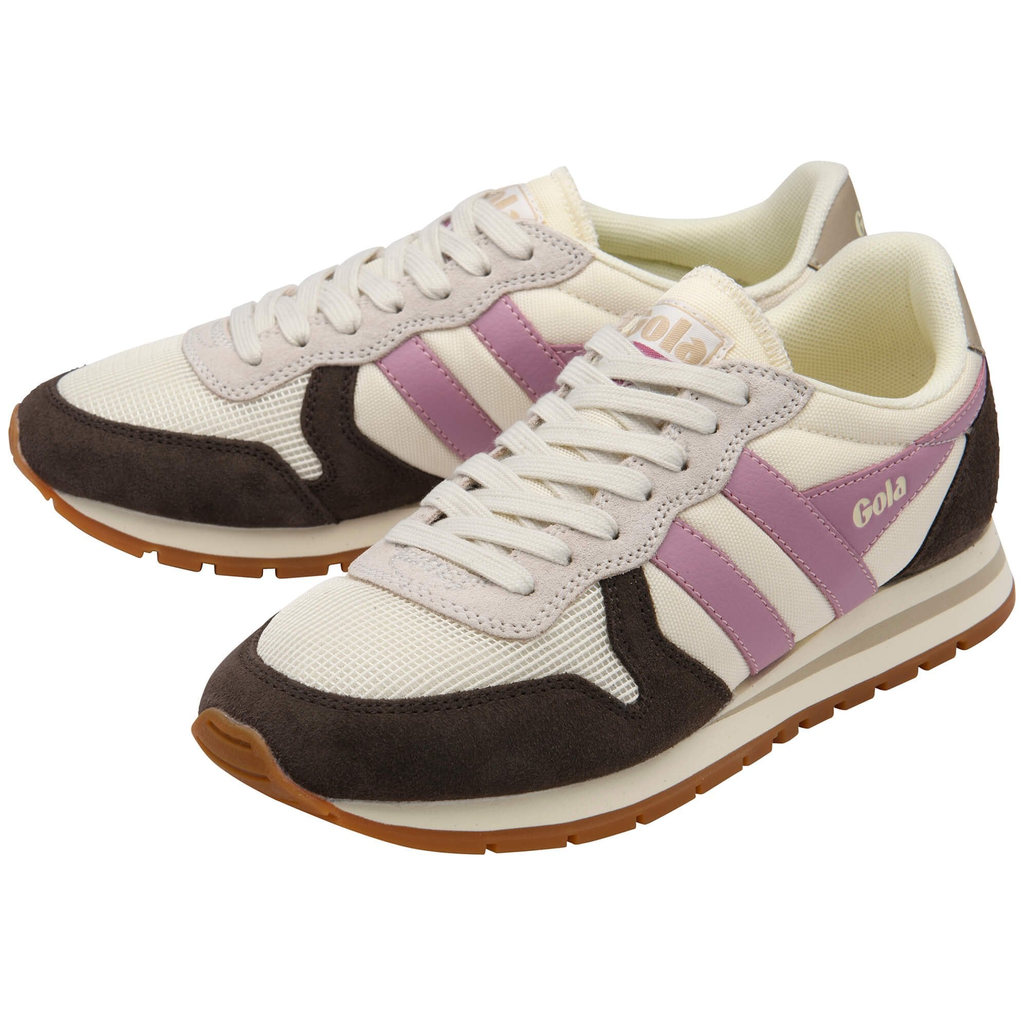 Pair of Gola trainers in cream, brown, and pink on a white background