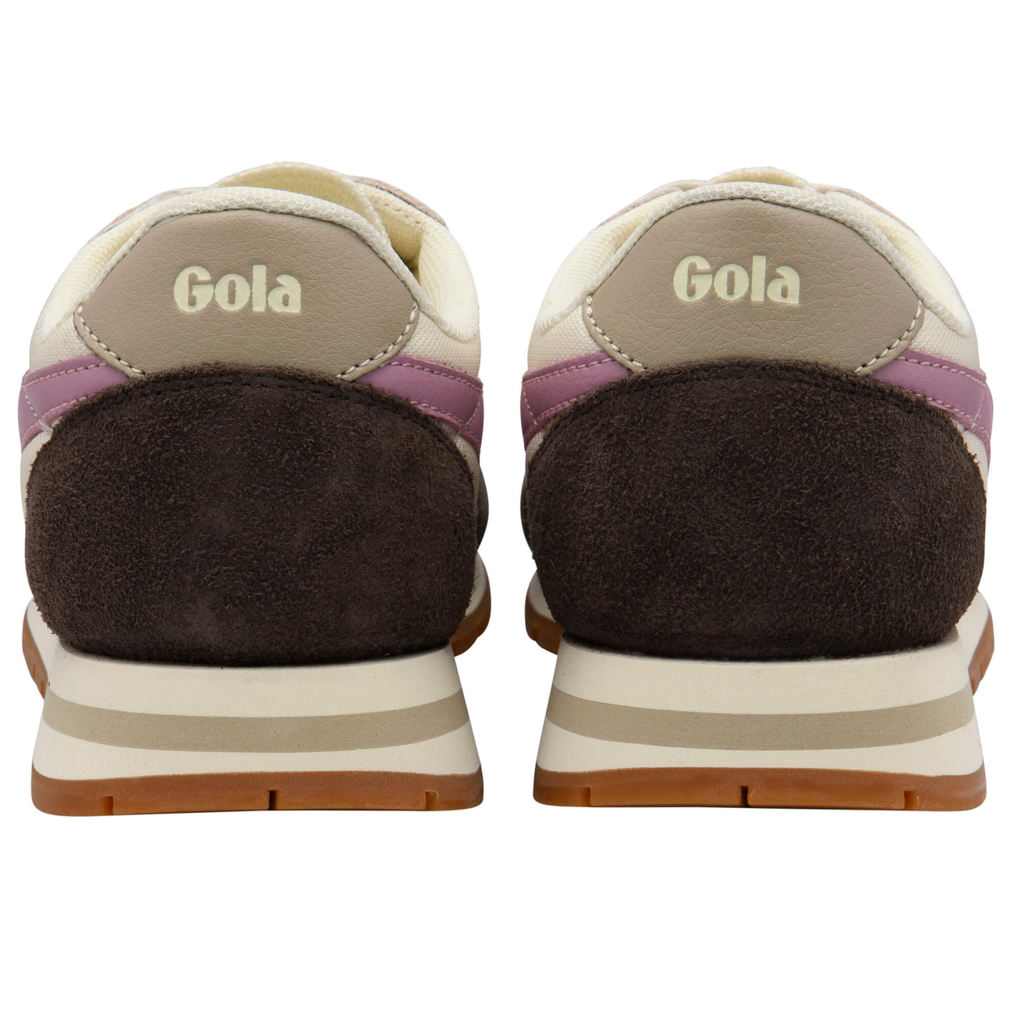 Pair of Gola trainers, rear view, brown suede with beige and purple accents on a white background
