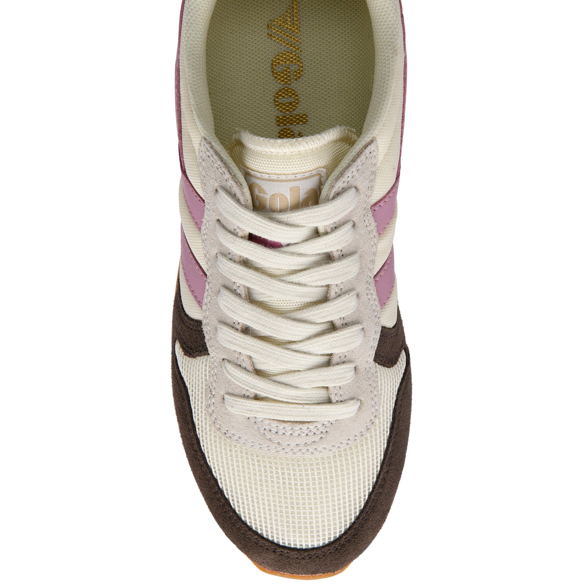 Top-down view of a Gola trainer in off-white, brown, and pink with white laces on a white background