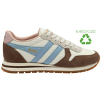 White Gola trainer with blue stripes, pink heel tab and lining and a recycling symbol on a white background