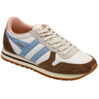 Gola trainer with brown, white, pink and blue design on a white background