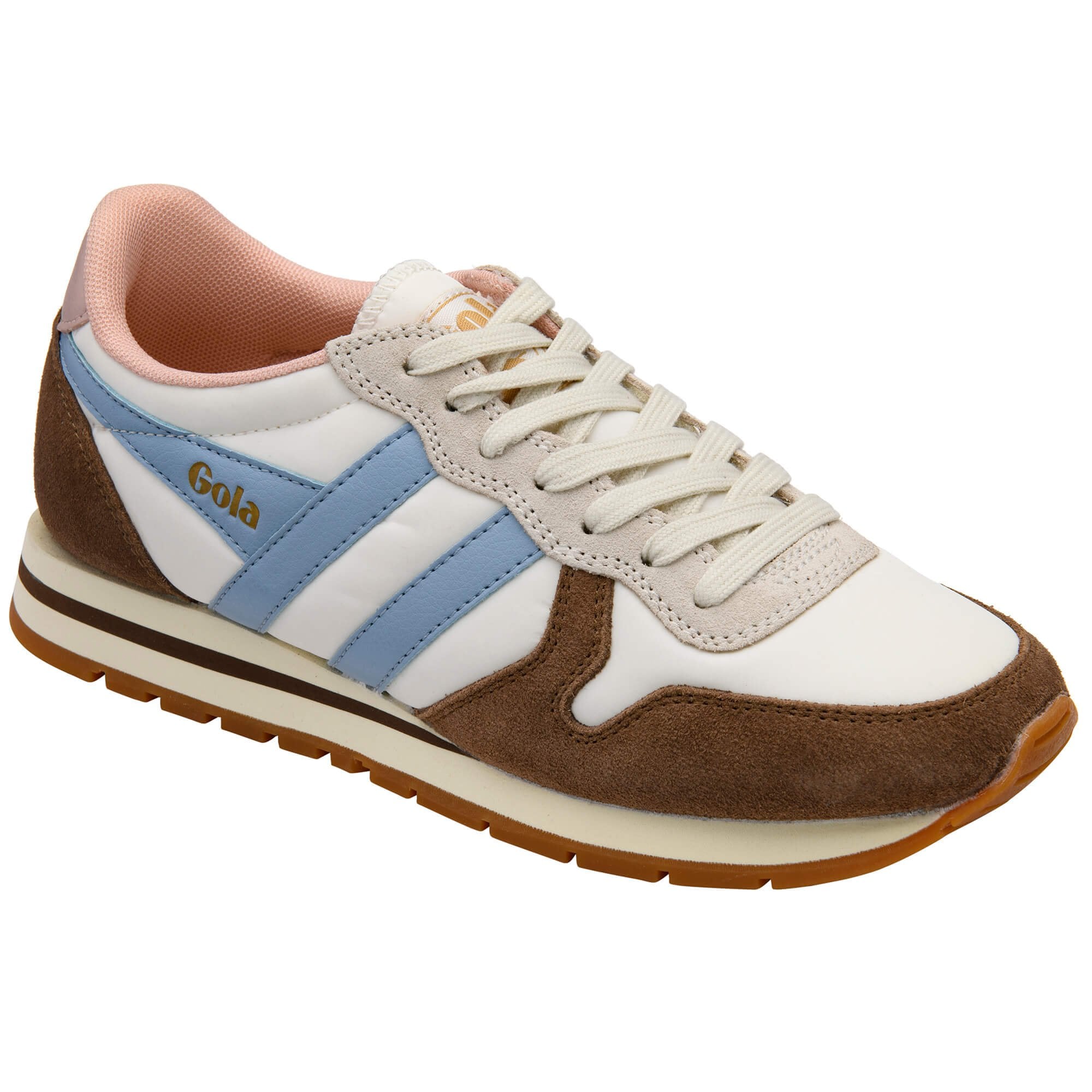 Gola trainer with brown, white, pink and blue design on a white background
