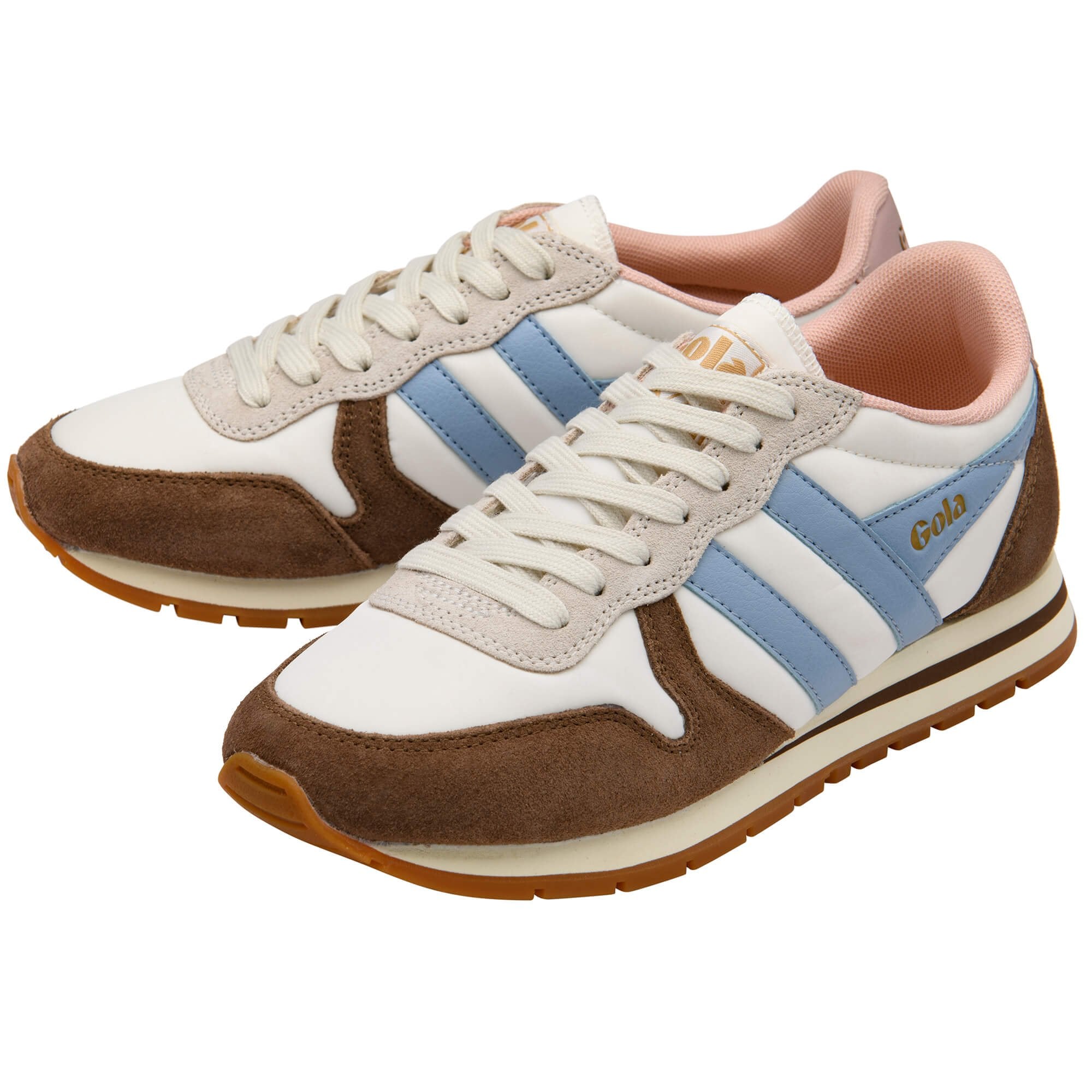 Pair of Gola trainers in white, brown, and light blue with cream laces on a white background