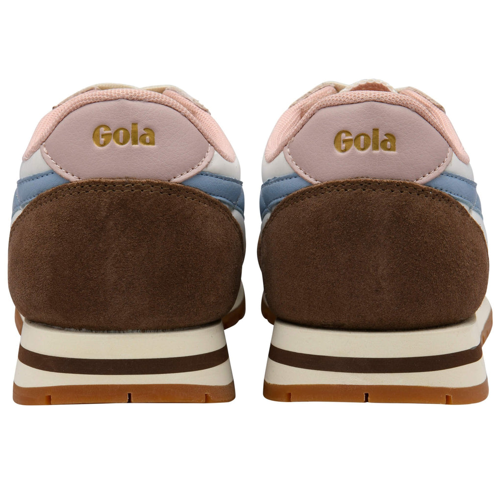 Rear view of two Gola trainers in brown, blue, and pink on a white background