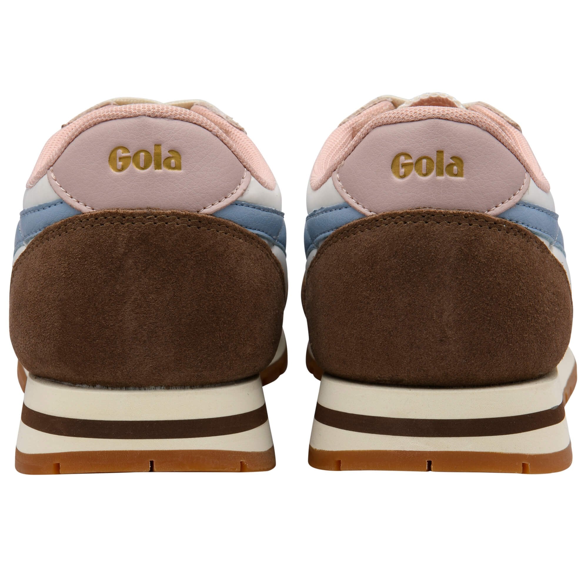Rear view of two Gola trainers in brown, blue, and pink on a white background