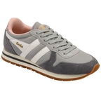 Grey and white Gola trainer with brown sole on a white background