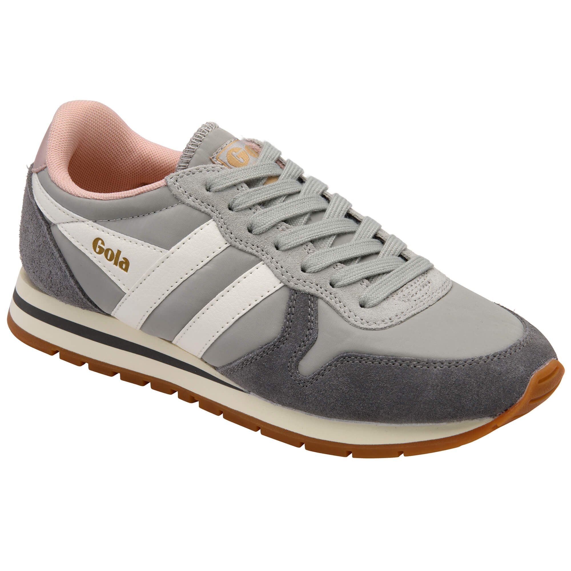 Grey and white Gola trainer with brown sole on a white background