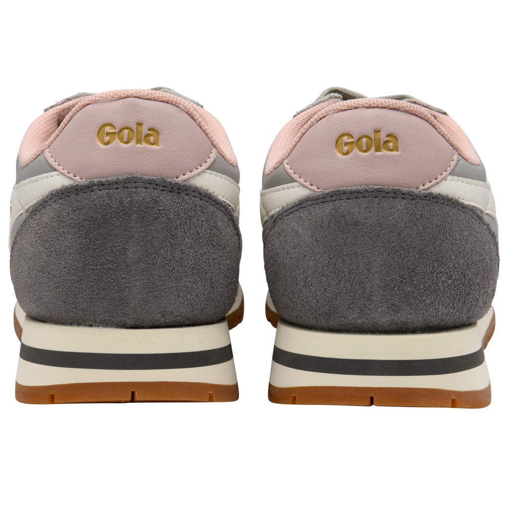 Pair of Gola trainers, rear view. Grey, white, pink trim, and Gola logo in gold on a white background