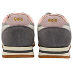 Pair of Gola trainers, rear view. Grey, white, pink trim, and Gola logo in gold on a white background