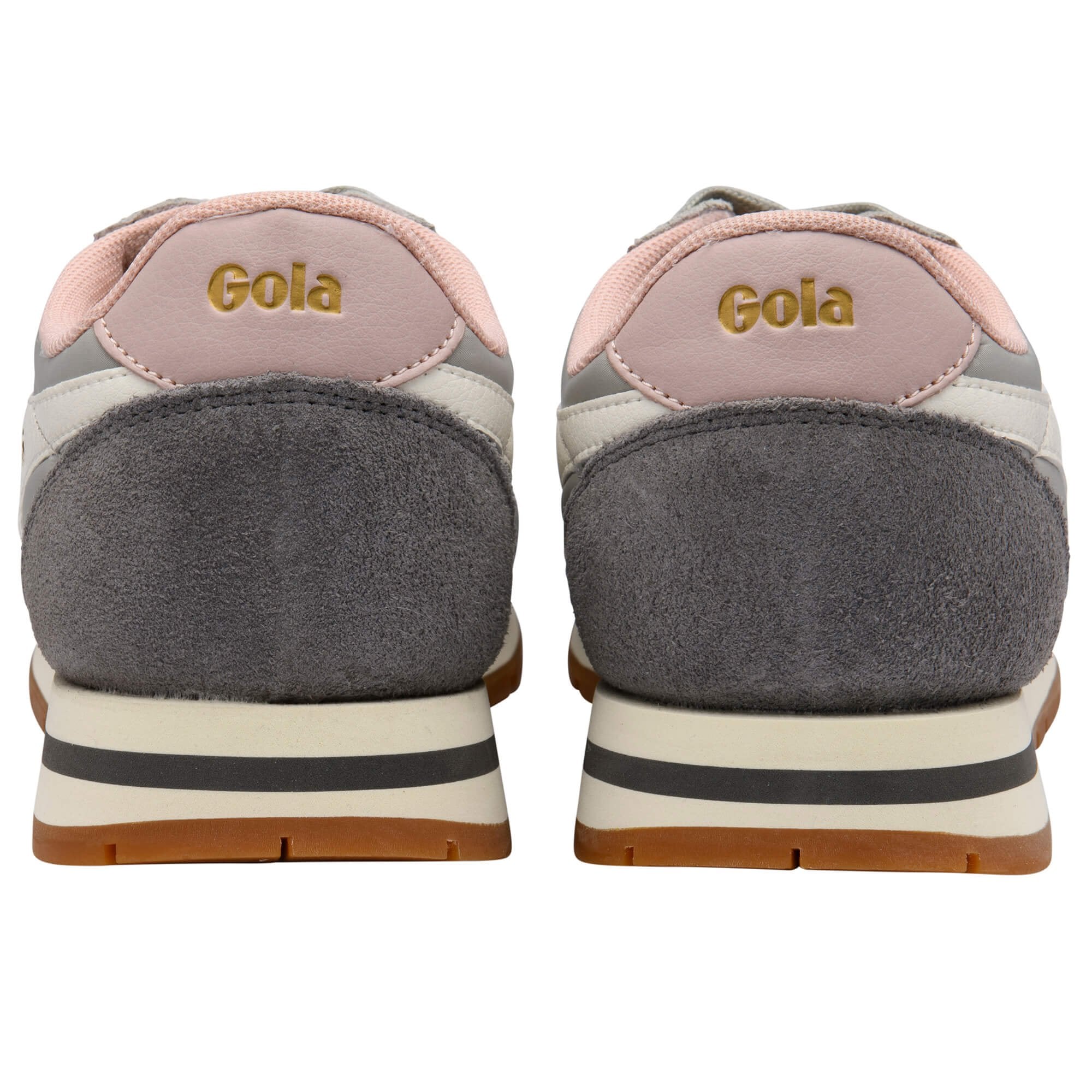 Pair of Gola trainers, rear view. Grey, white, pink trim, and Gola logo in gold on a white background