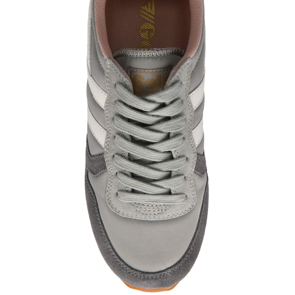 Grey Gola trainer with white stripes and pink lining on a white background
