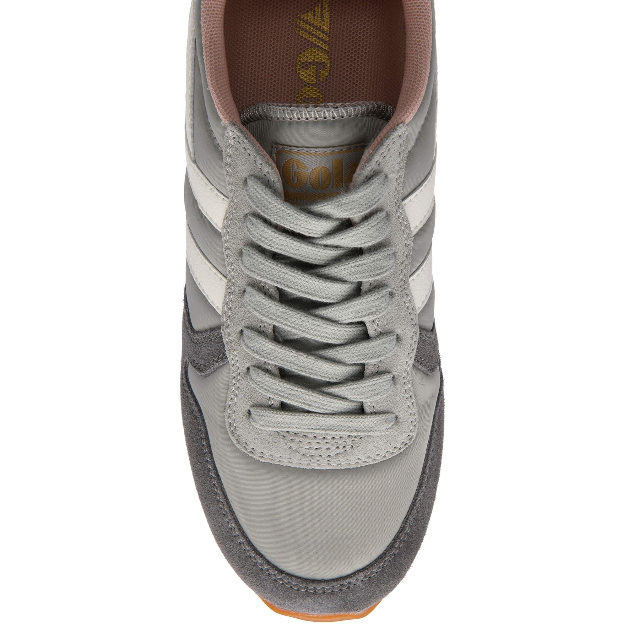 Grey Gola trainer with white stripes and pink lining on a white background