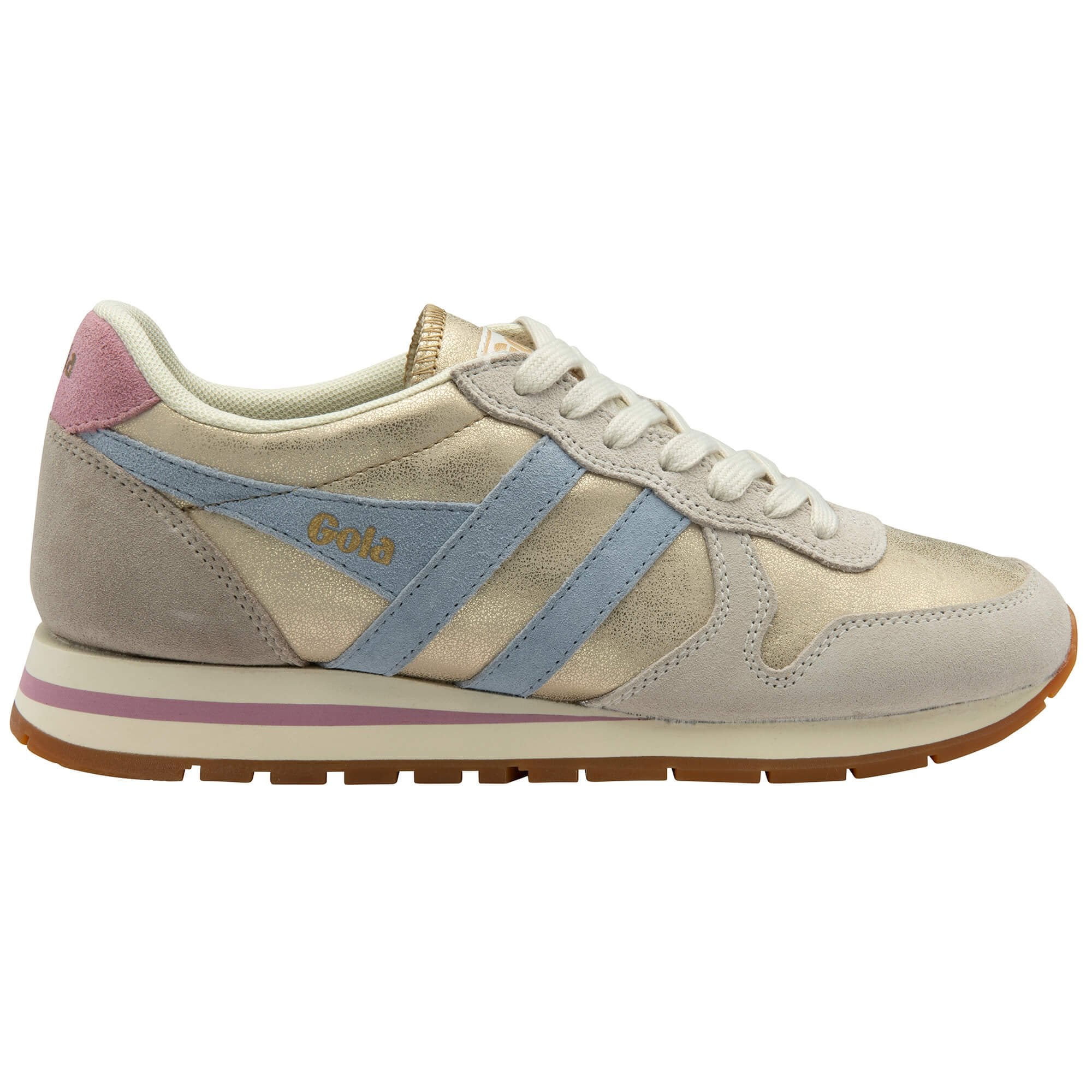 Gold Gola trainer with blue and pink accents on a white background