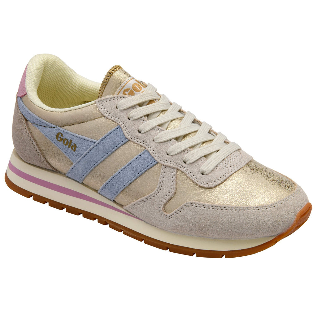 Gold Gola trainer with blue and pink accents on a white background