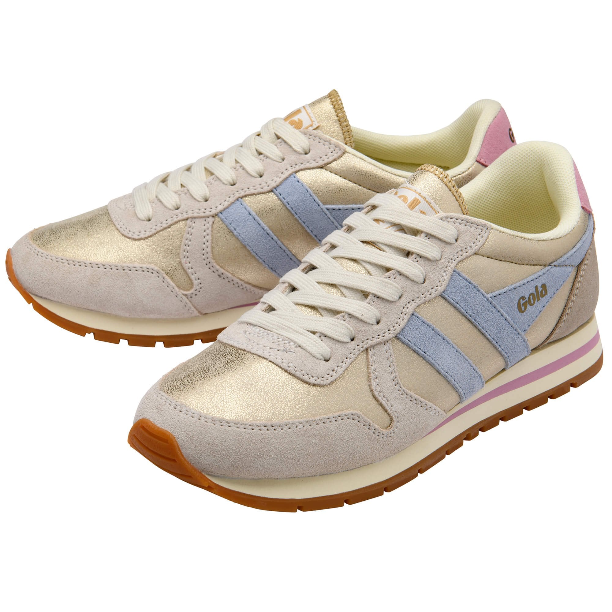Pair of gold Gola trainers with blue and pink accents on a white background