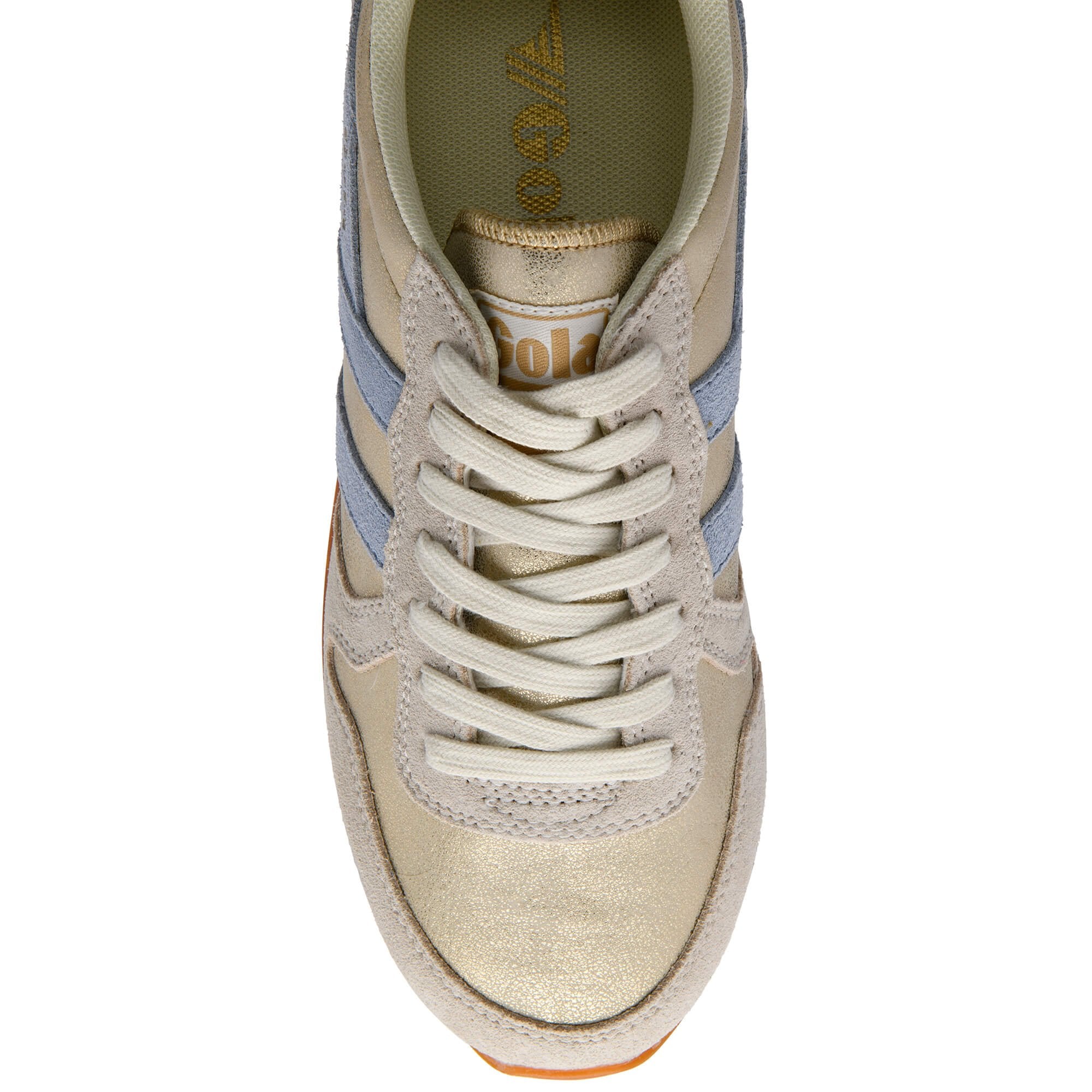 Gold Gola trainer with blue stripes on a white background