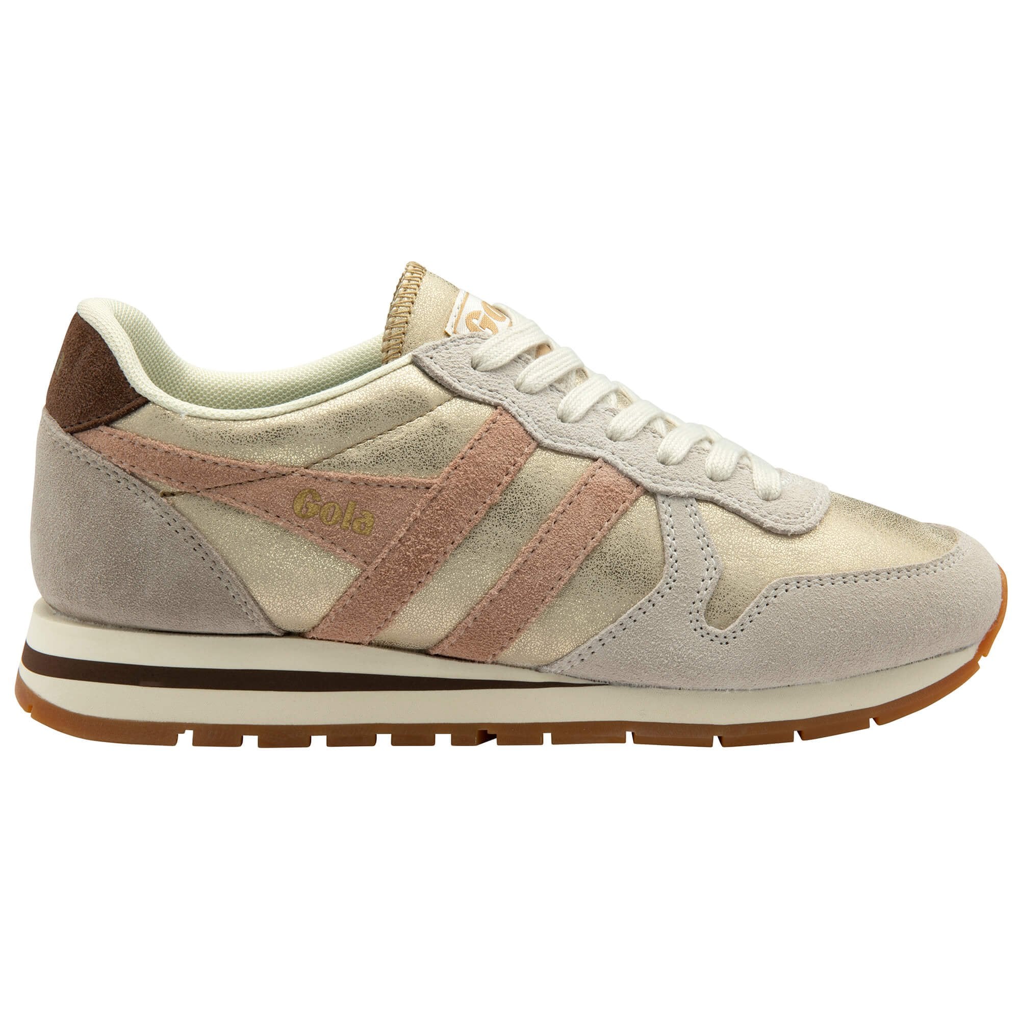 Gold and brown Gola trainer on a white background