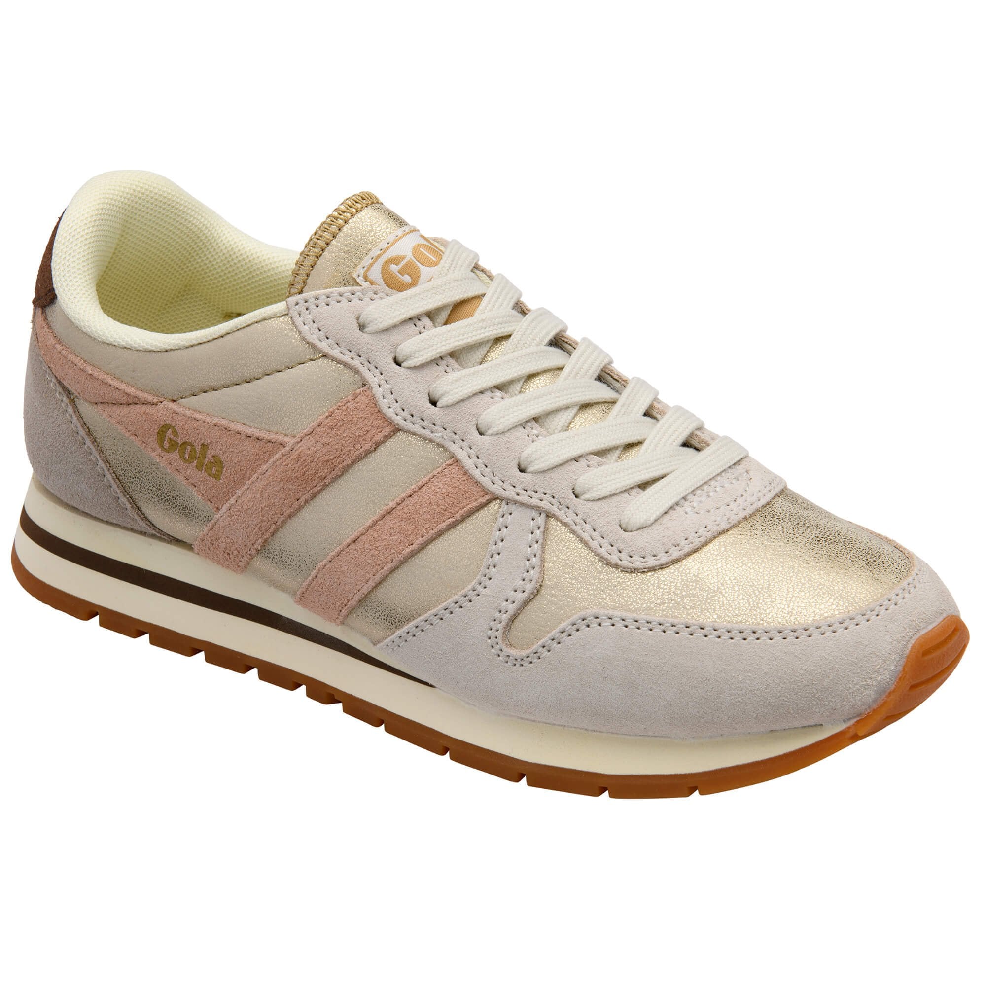 Gold Gola trainers with pink and brown accents on a white background