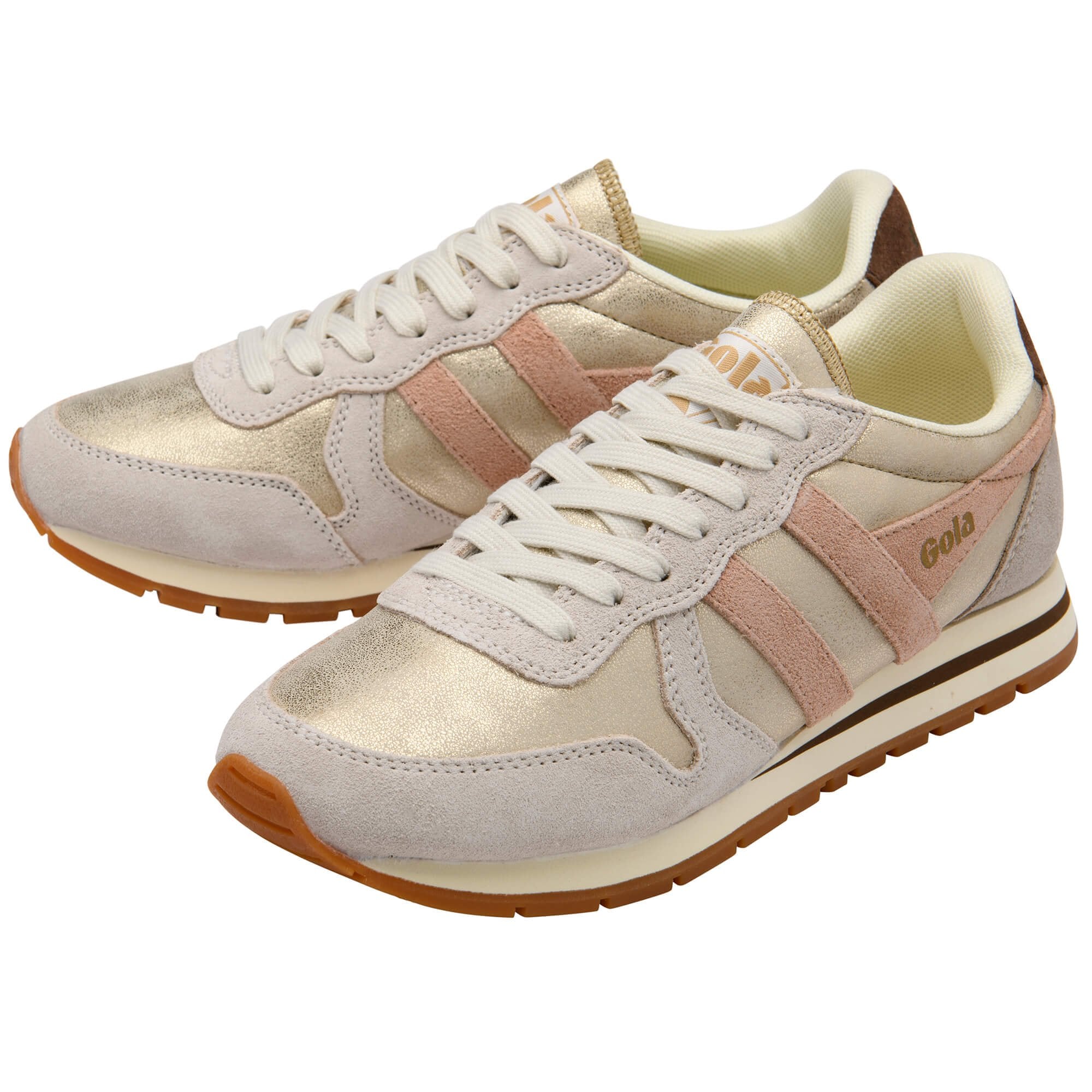 Pair of beige and pink Gola trainers with brown soles on a white background