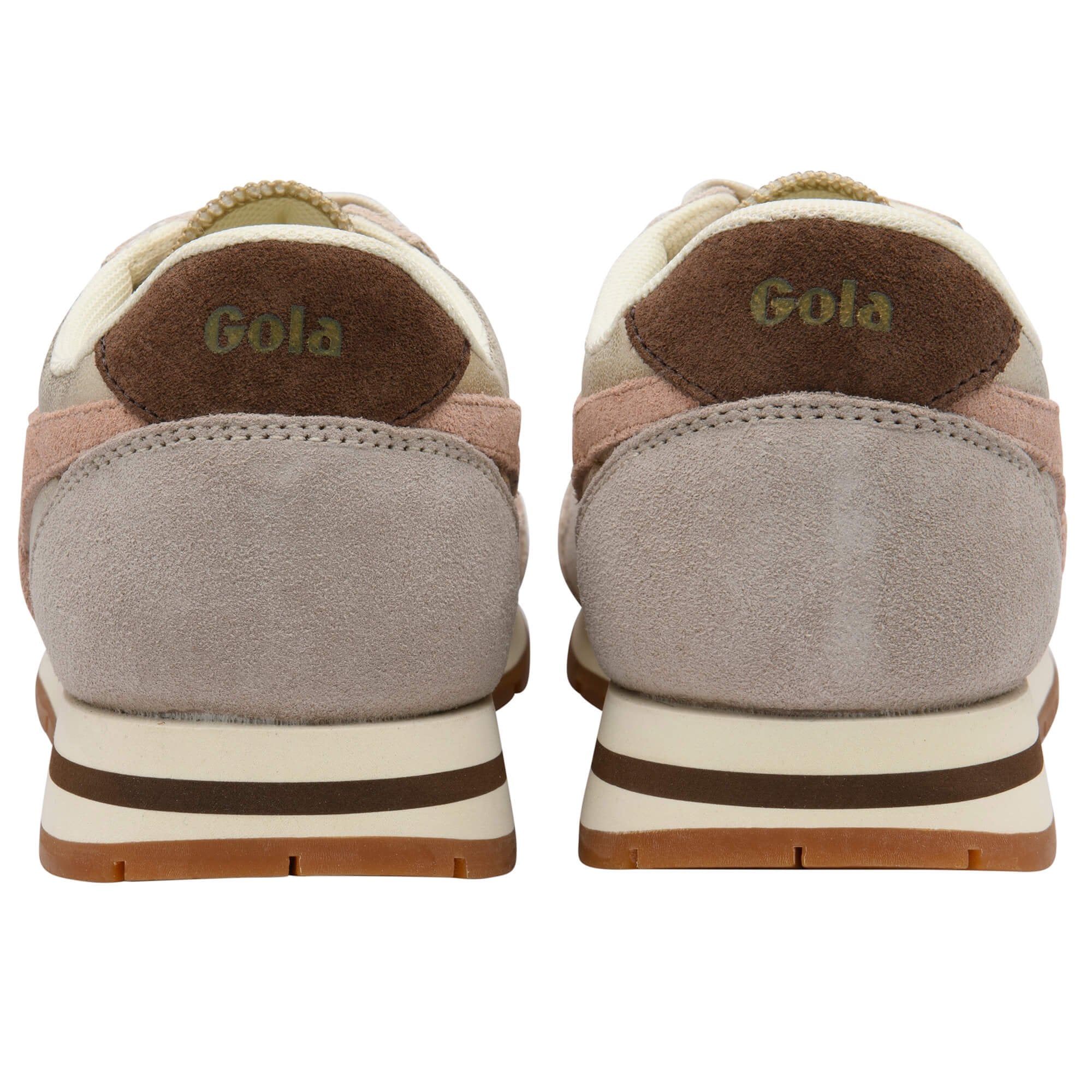 Rear view of two Gola trainers in beige, brown, and pink with cream soles and brown stripes