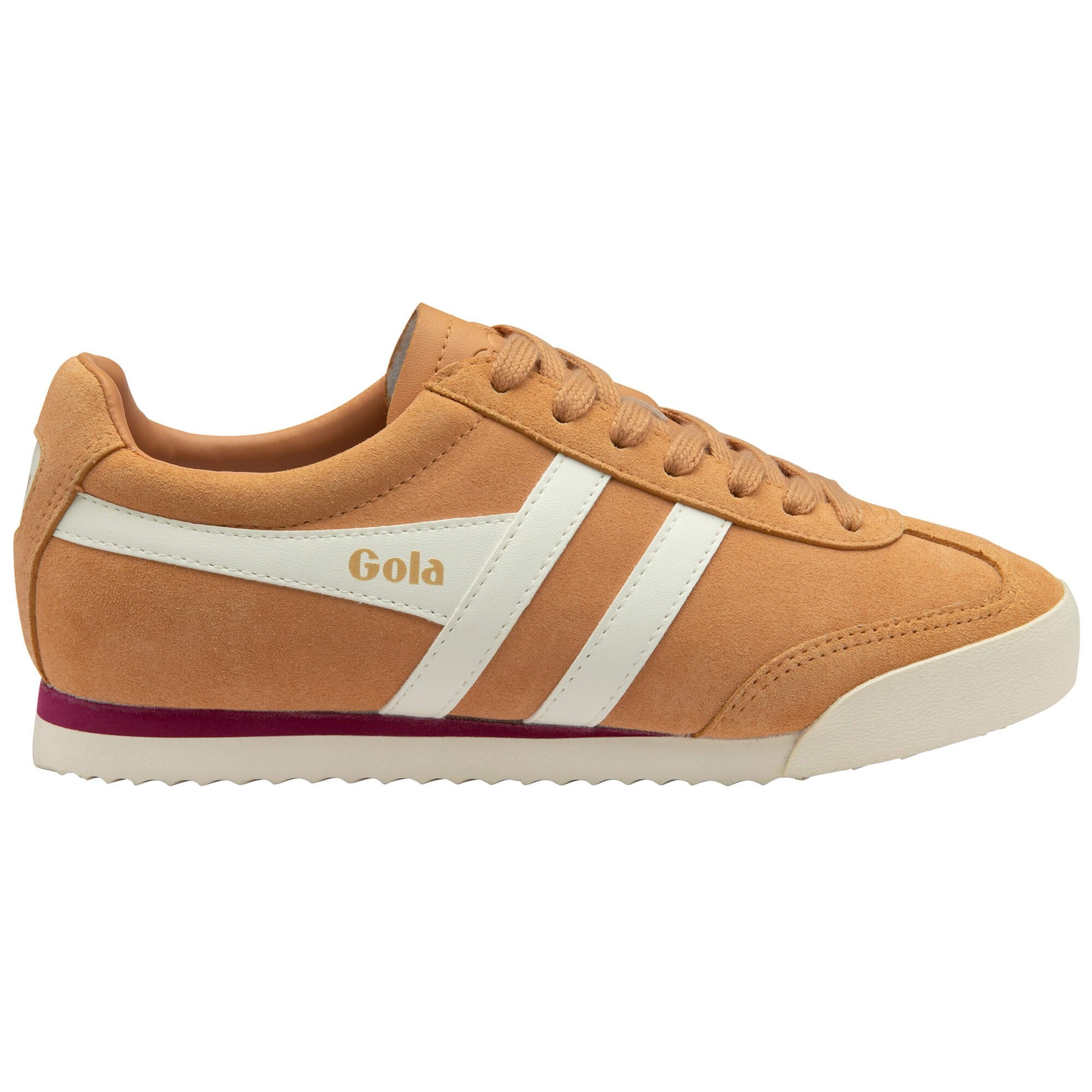 Brown trainer with white stripes and 'Gola' branding on a white background