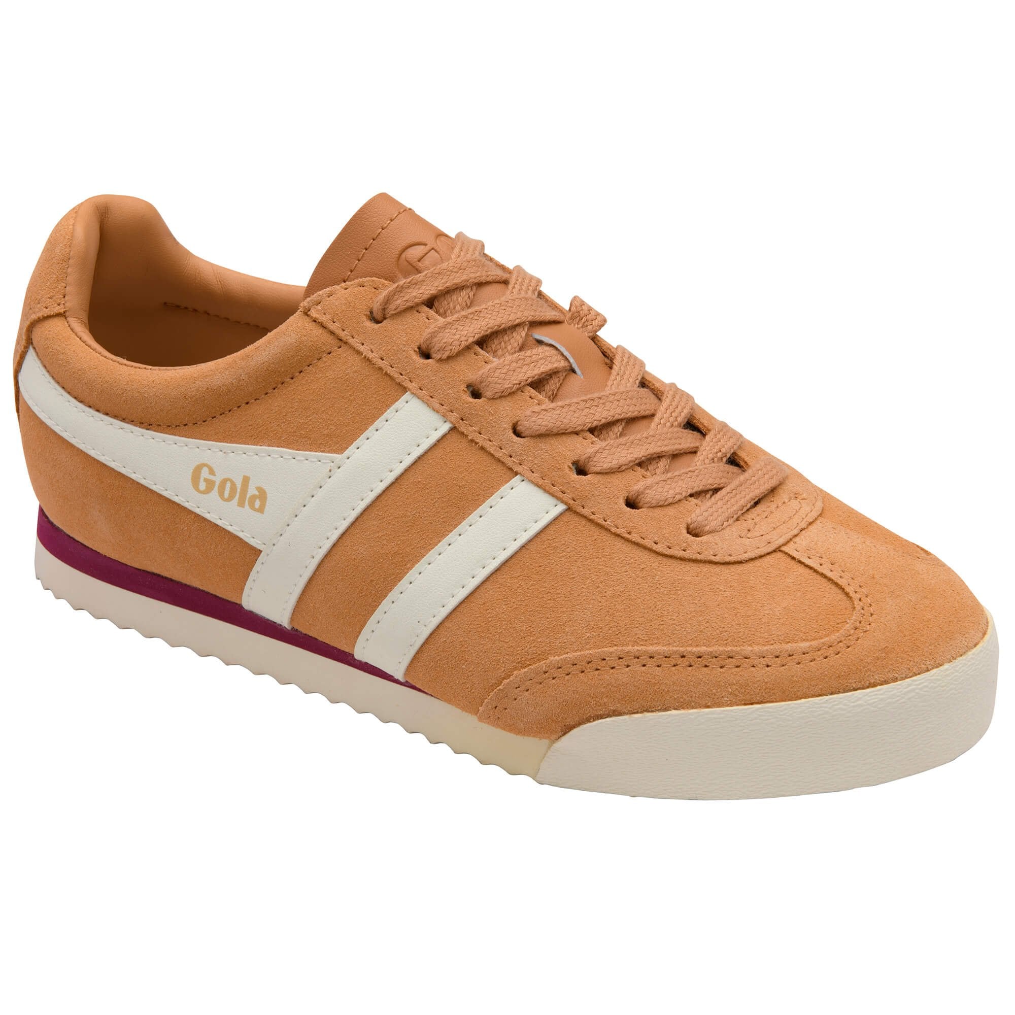 Orange trainer with white stripe and maroon accent on a white background