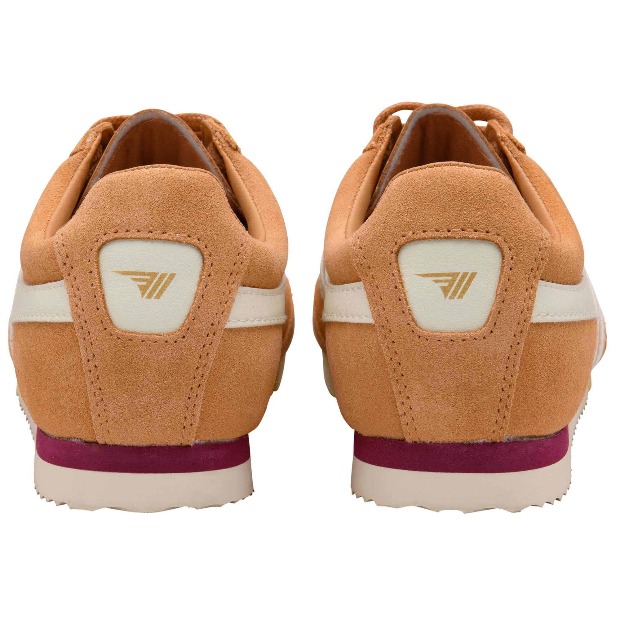 Pair of tan suede trainers with white stripes and a maroon sole accent