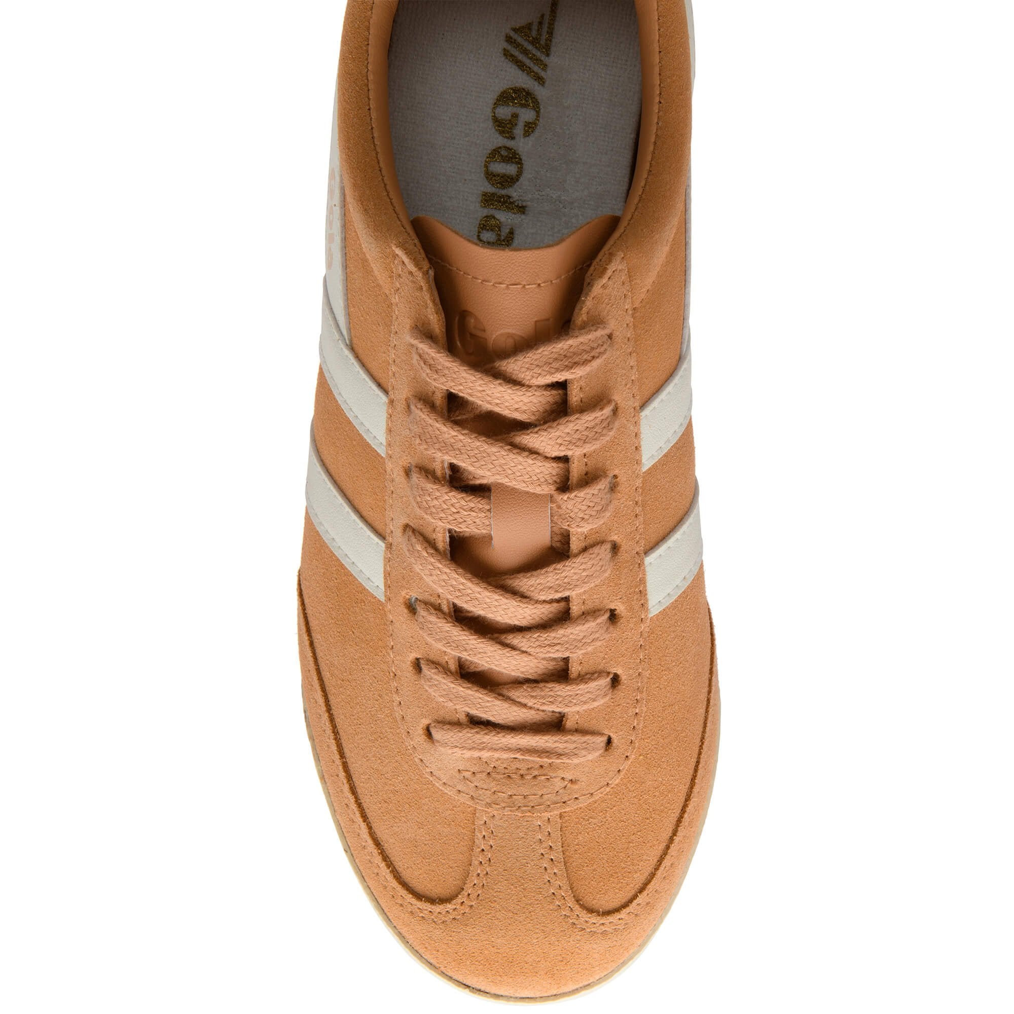 Top down view of a Gola trainer in tan with white stripes and laces on a white background