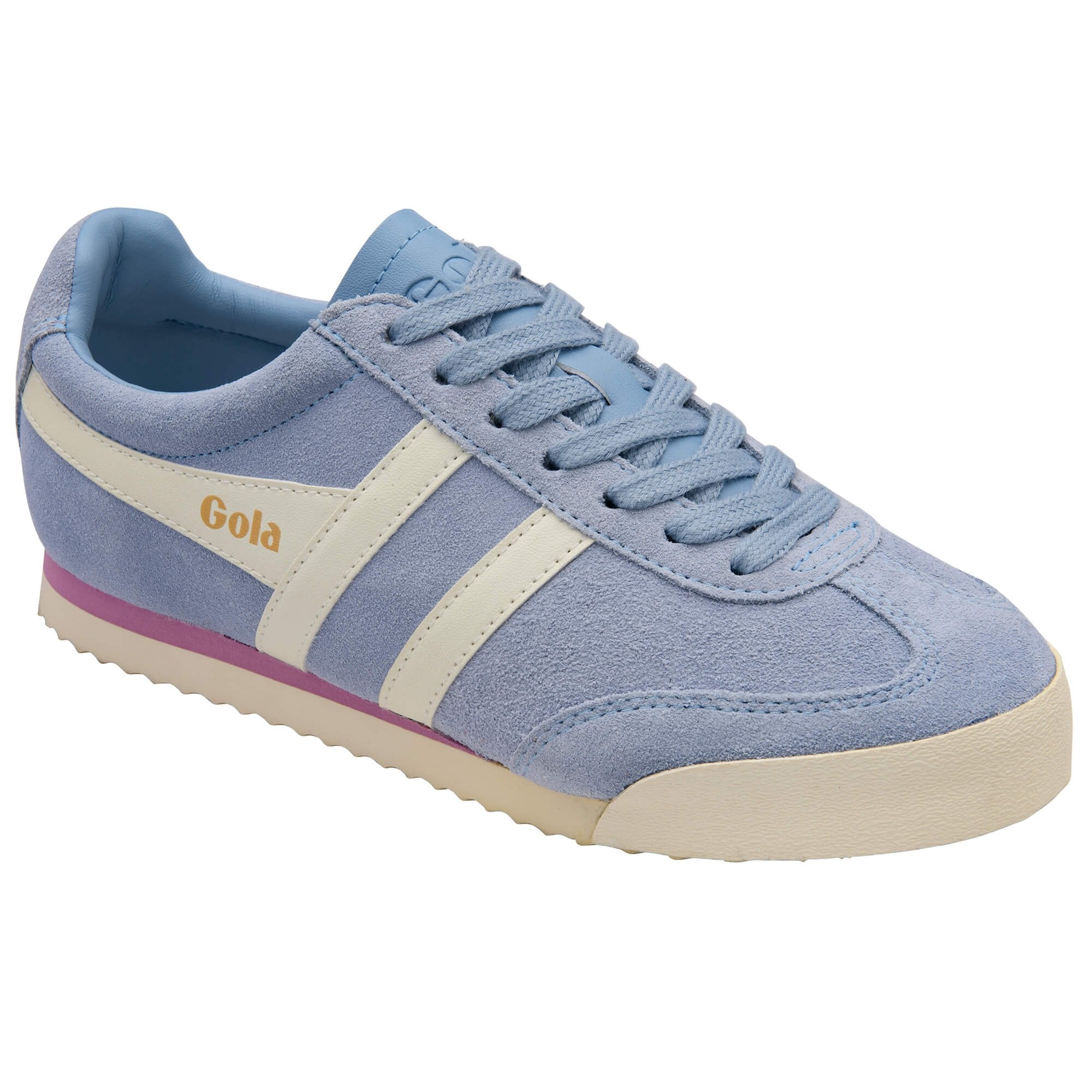 Blue Gola trainer with white stripe and pink sole on a white background