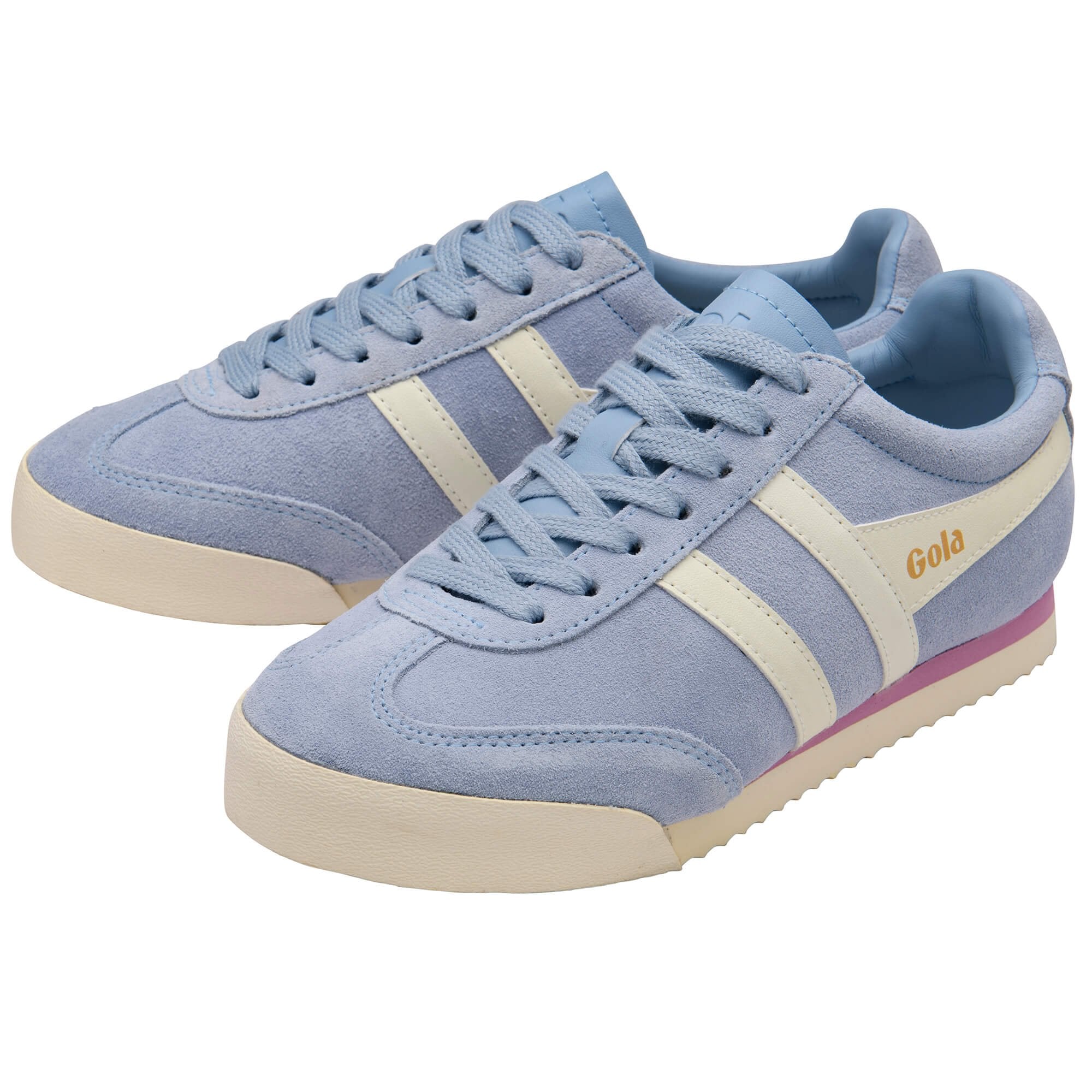 Pair of light blue Gola trainers with beige accents on a white background