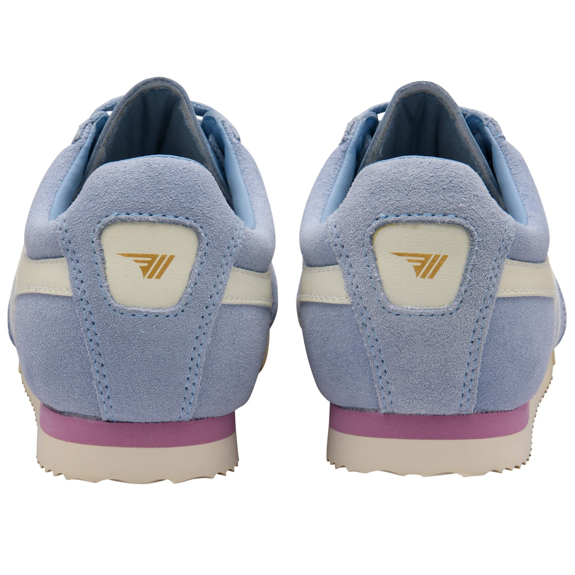 Pair of light blue Gola trainers with white stripes and a gold logo on the heel on a white background