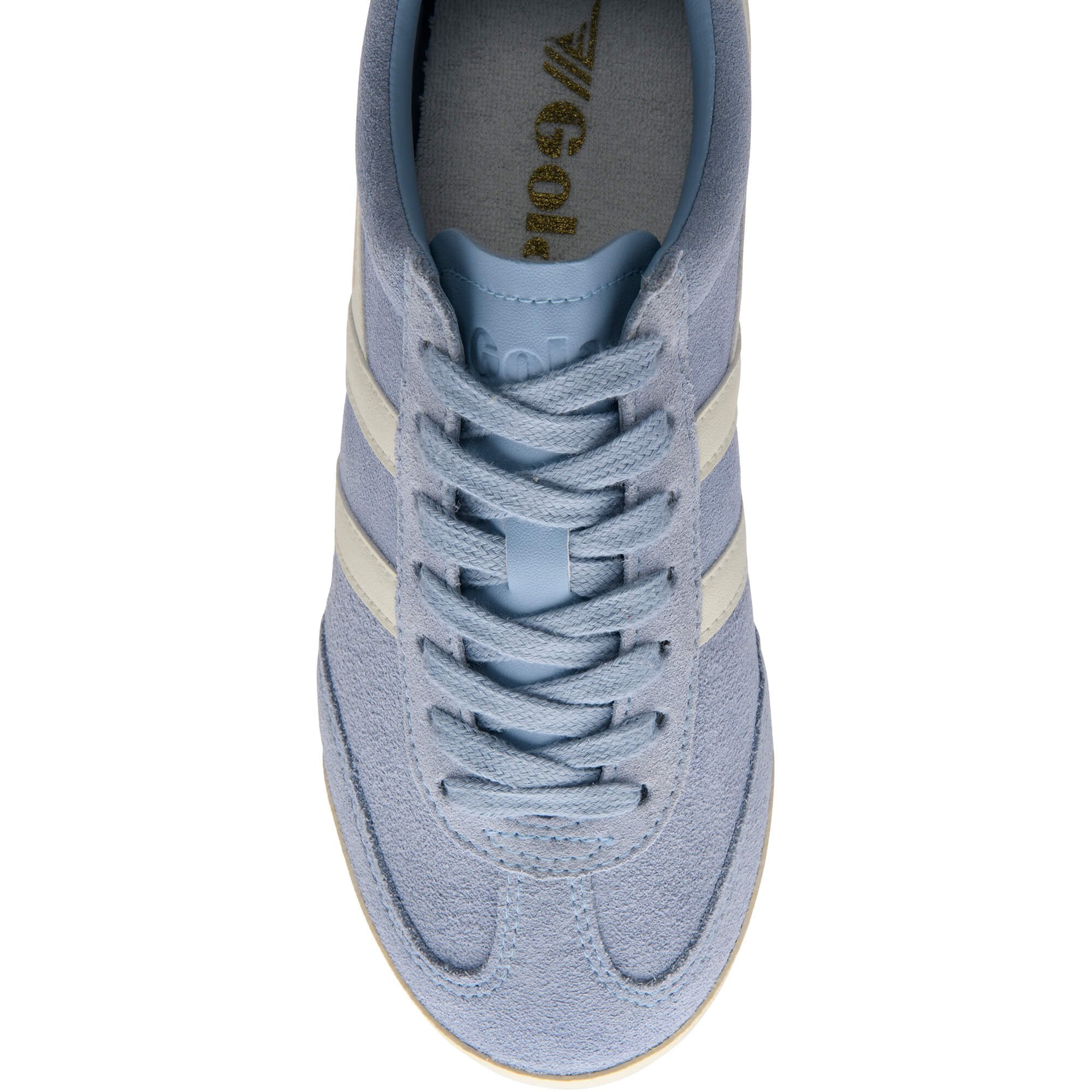 Blue Gola trainer with a white stripe on a white background