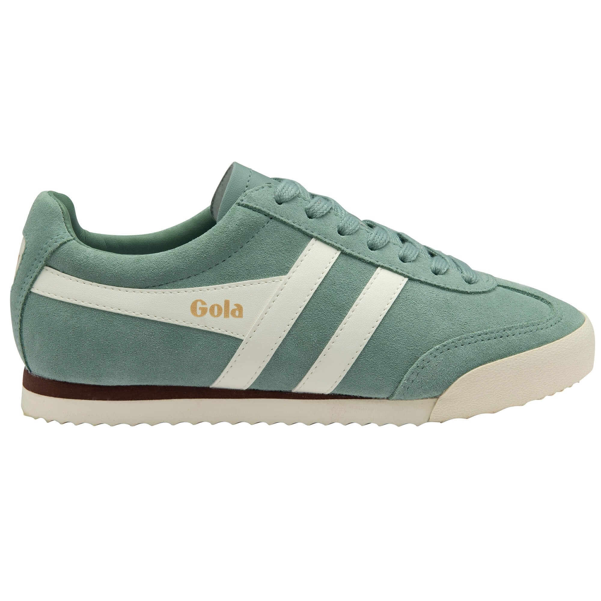 Green Gola trainer with white stripes and 'Gola' branding on a white background
