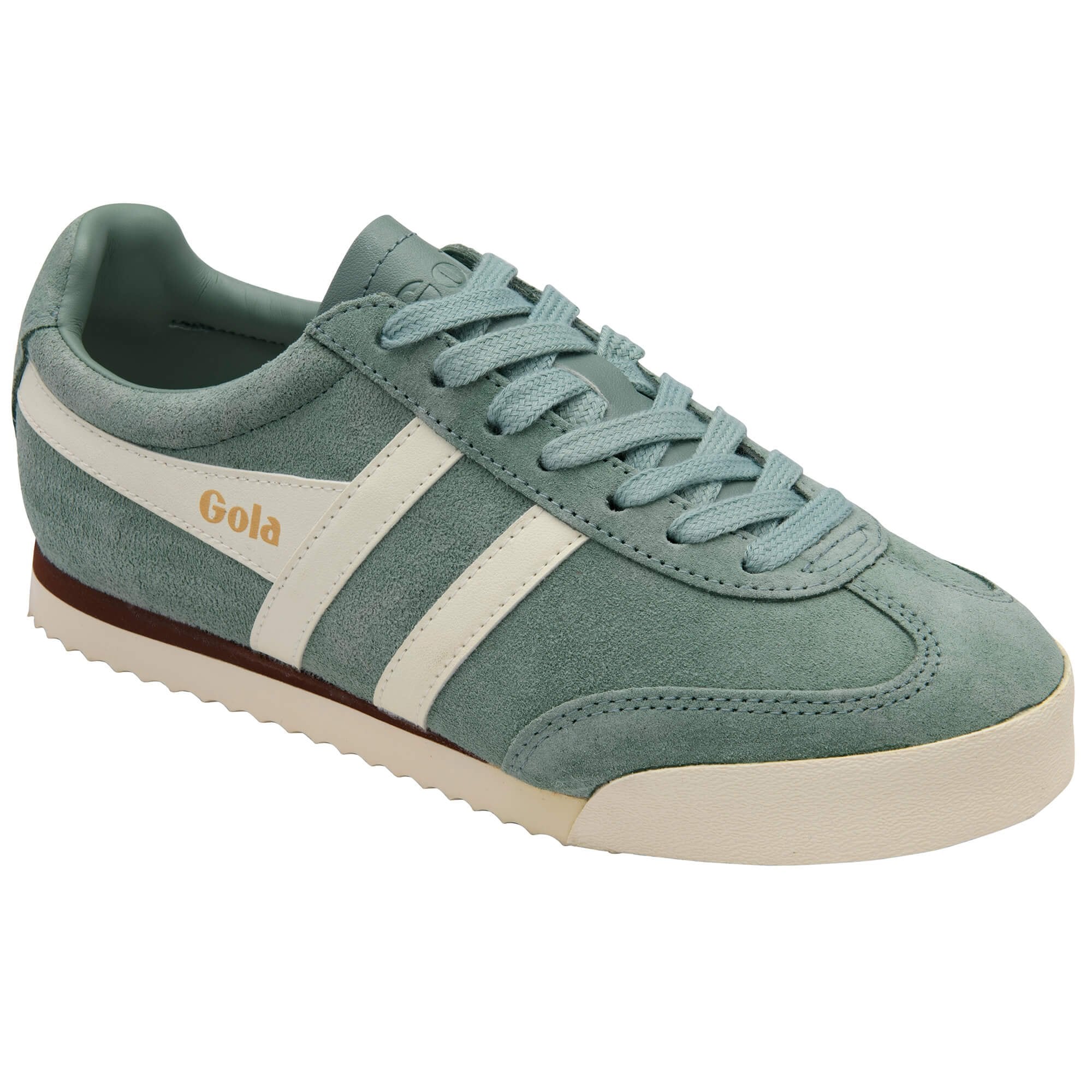 Gola trainers in dusty green with off-white stripes and Gola branding on a white background