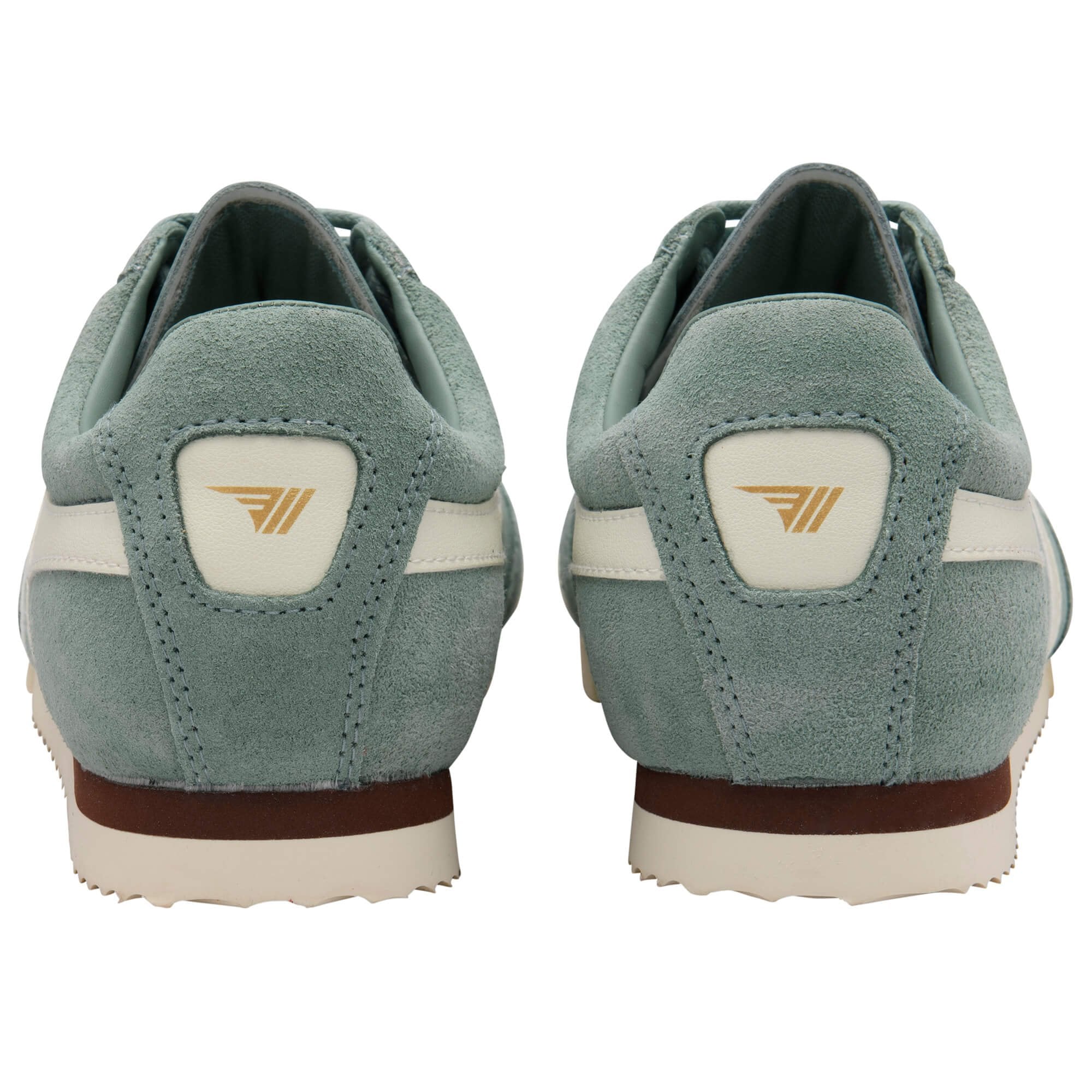Pair of light blue Gola trainers with a logo on the back on a white background