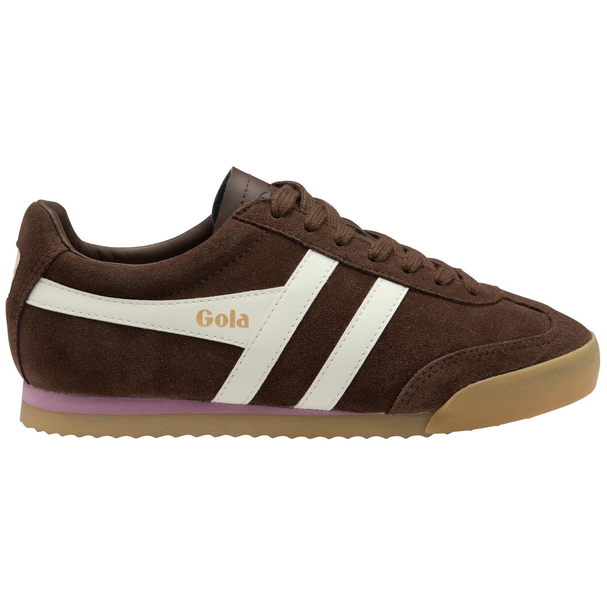 Brown Gola trainer with white stripes and 'Gola' branding on a white background