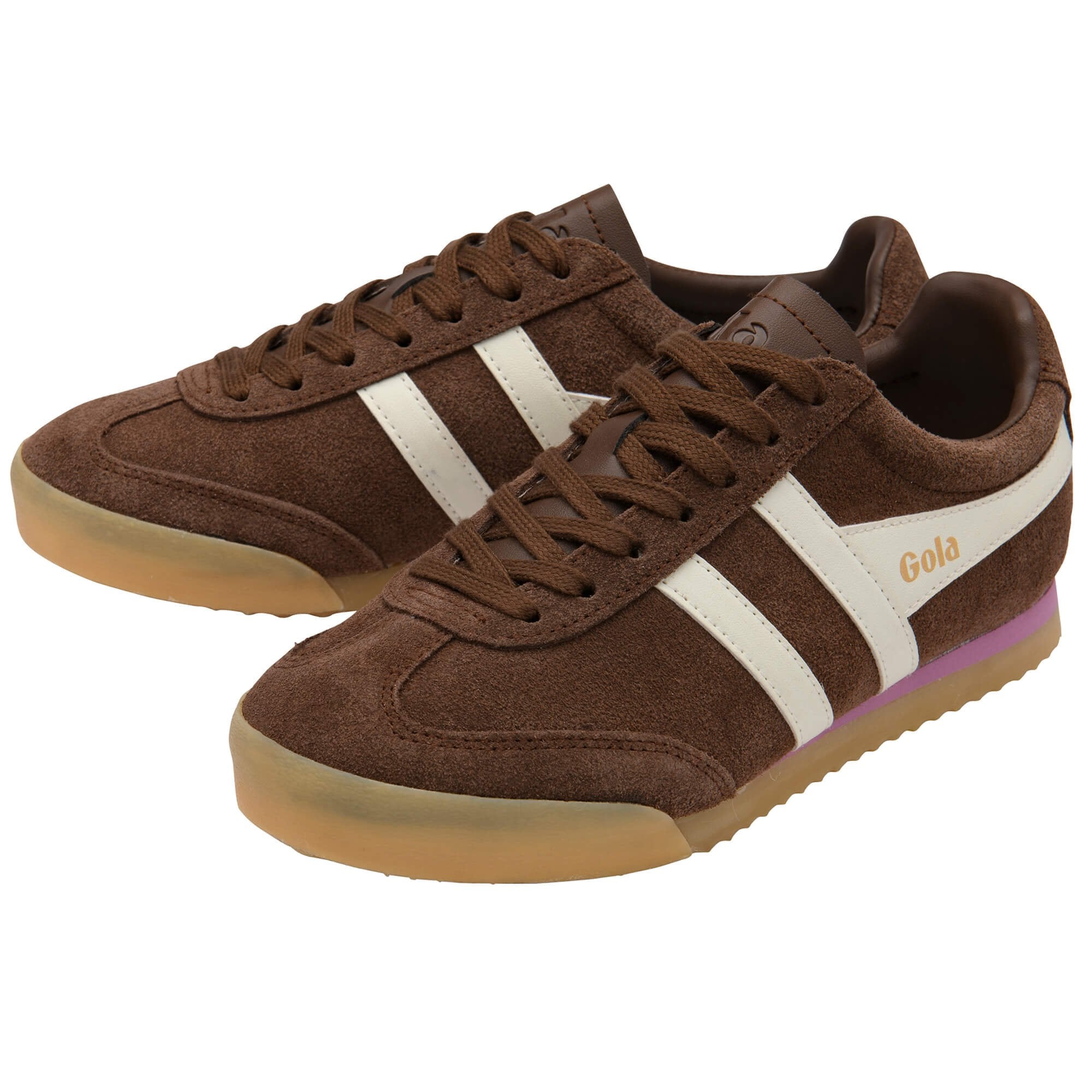 Brown Gola trainers with white stripes on a white background