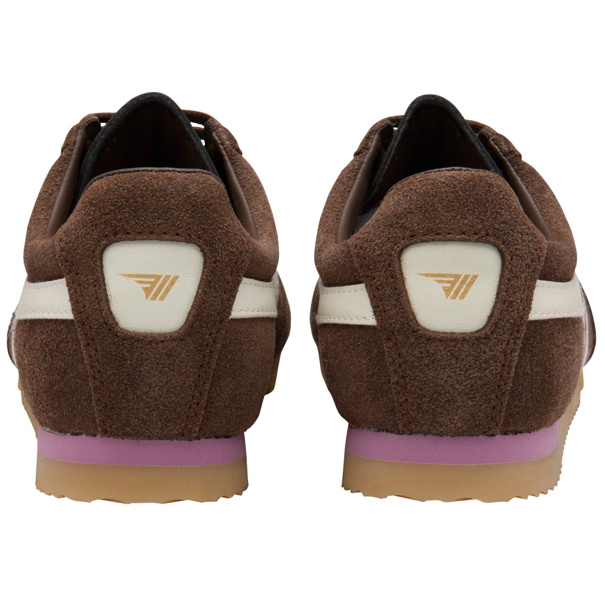 Pair of brown Gola trainers with white stripes and a gold logo on the heel on a white background