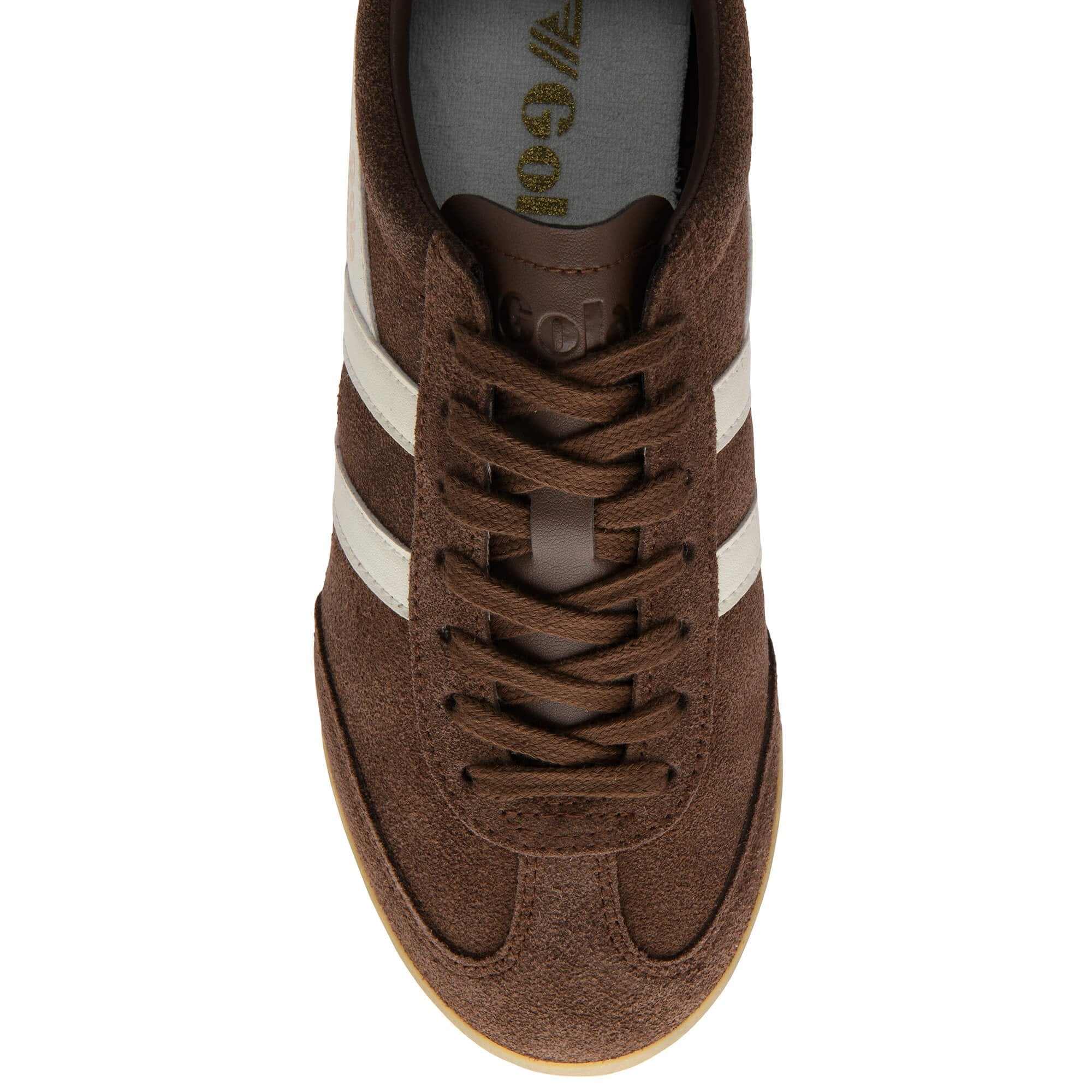 Brown trainer with white stripes and brown laces on a white background