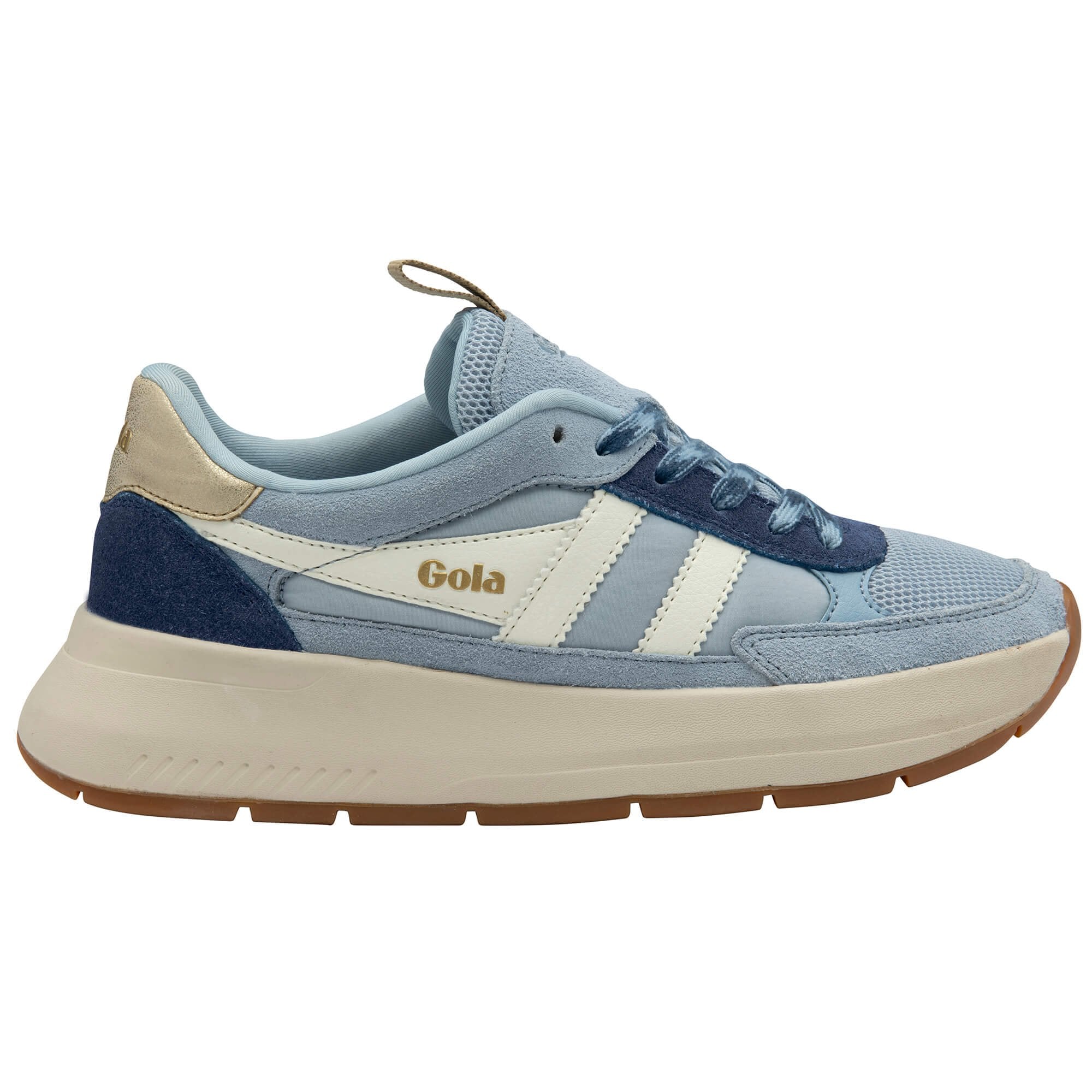 Light blue Gola trainer with white stripes, dark blue accents, and a cream sole on a white background