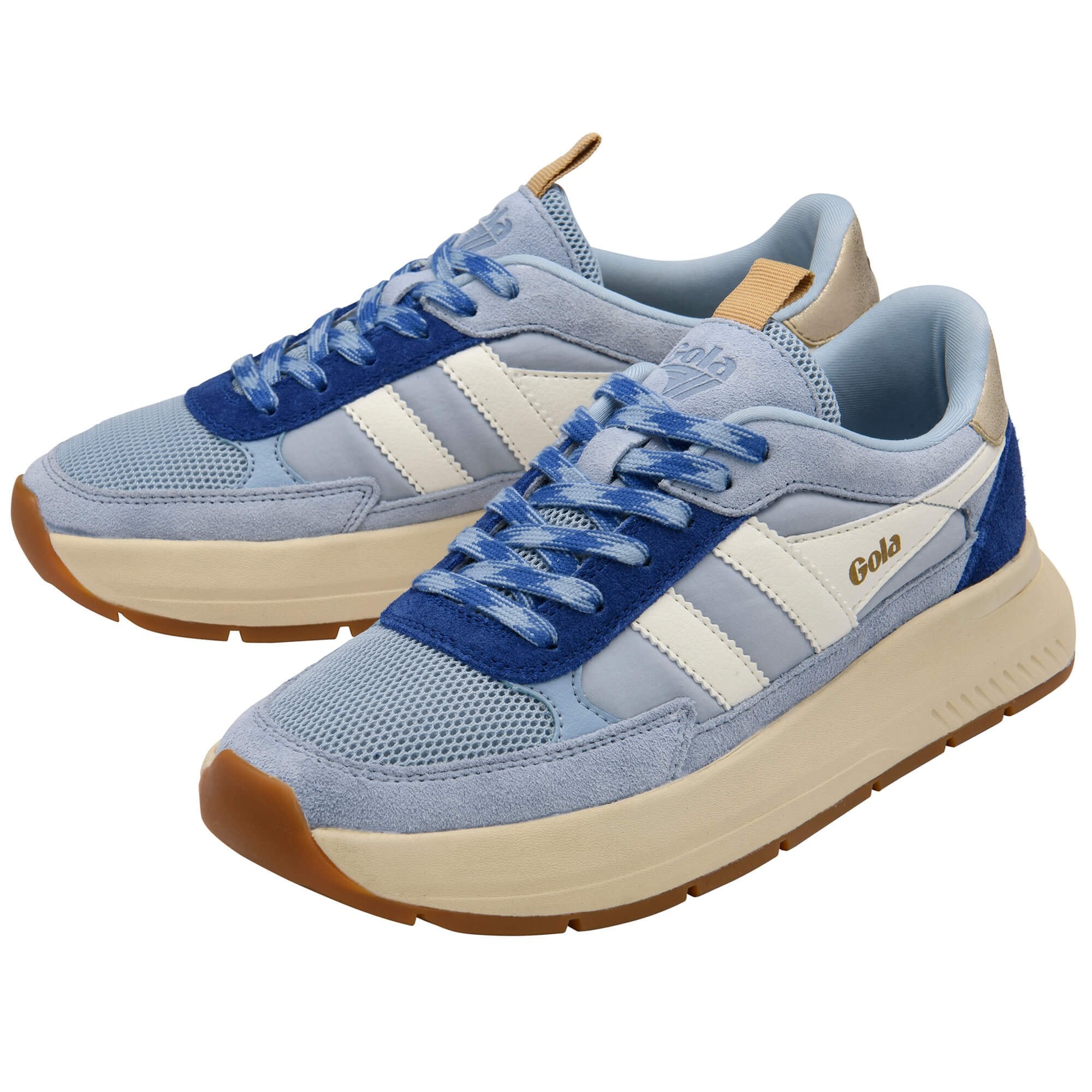 Blue and beige trainers with Gola logo on a white background