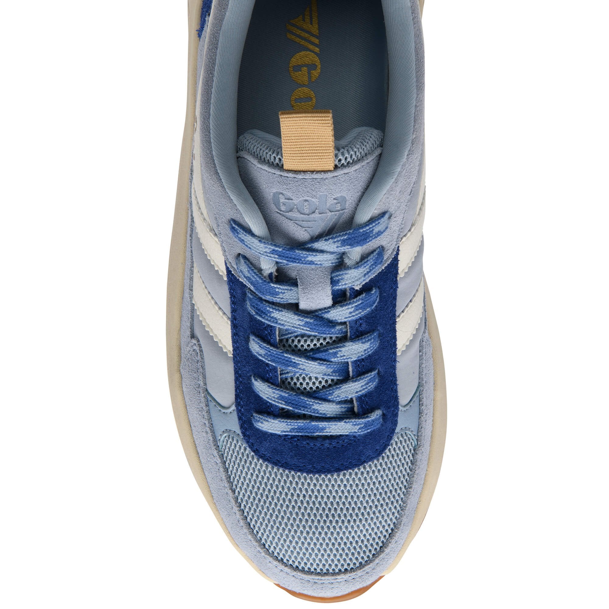 Blue and white trainer with Gola logo on a white background