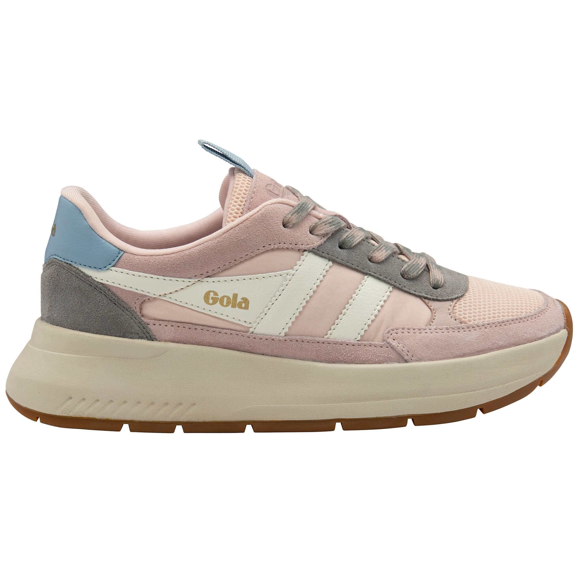 Pink and grey trainer with 'Gola' branding on a white background