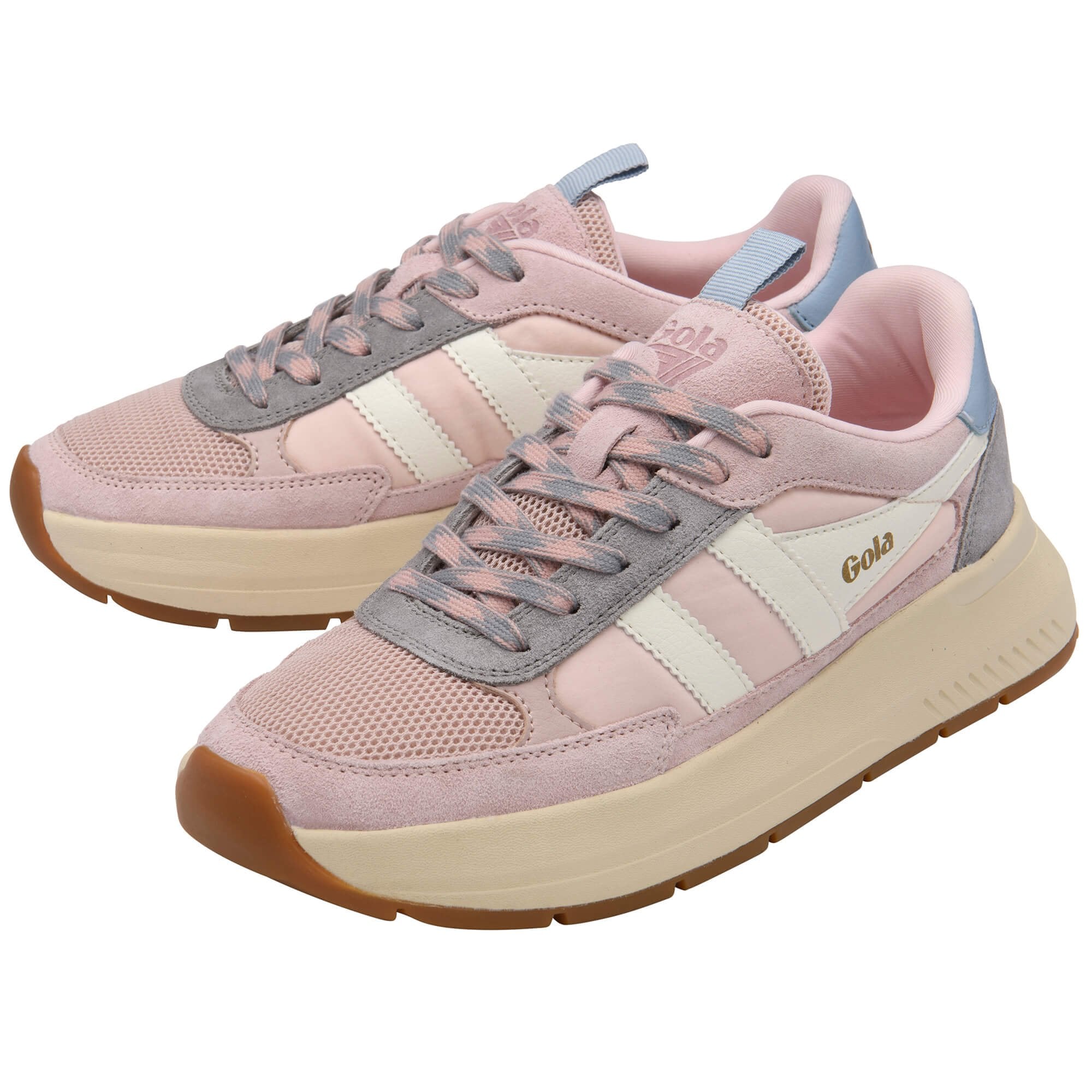 Pink and grey trainers with Gola logo on a white background