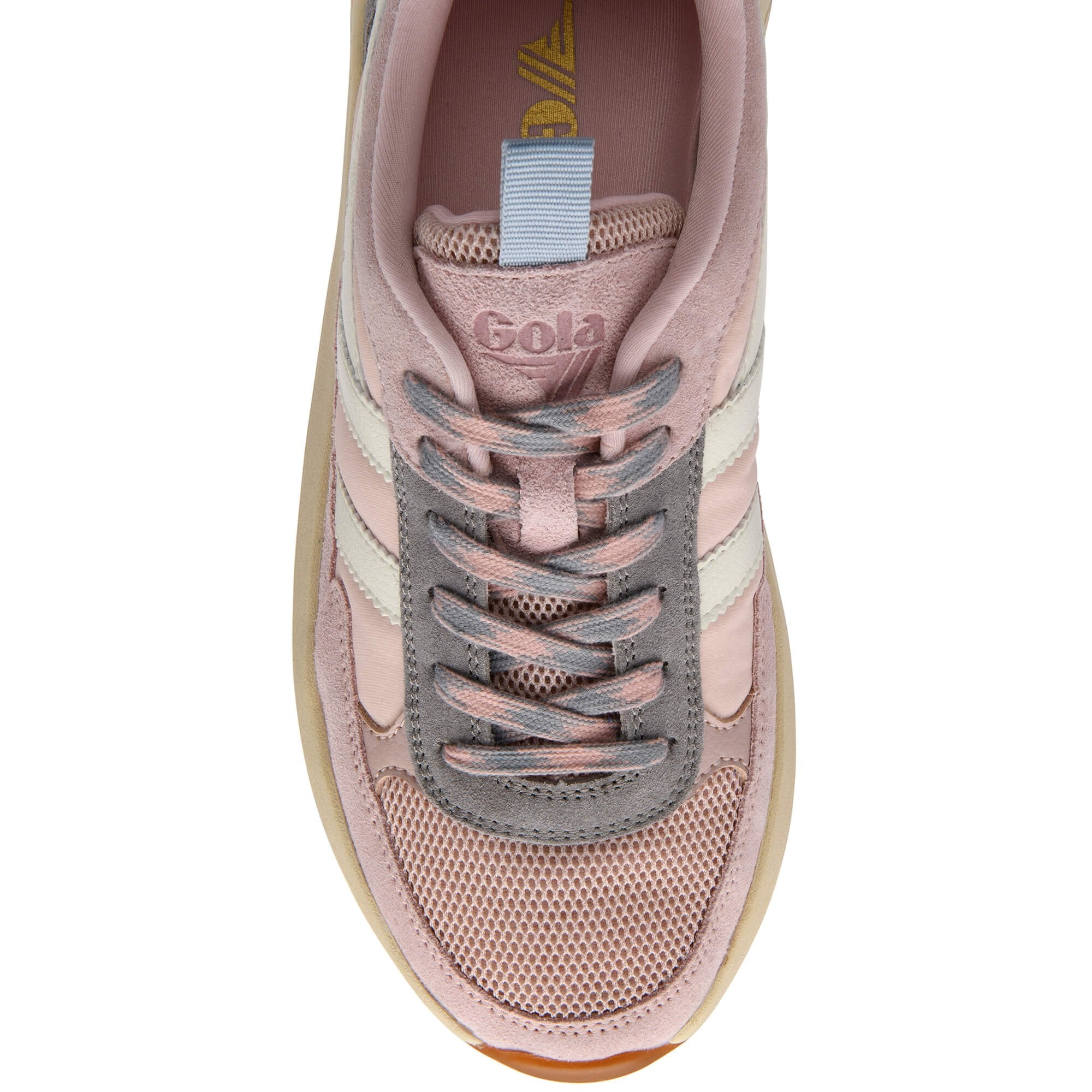 Pink and grey trainer with 'Gola' branding on a white background