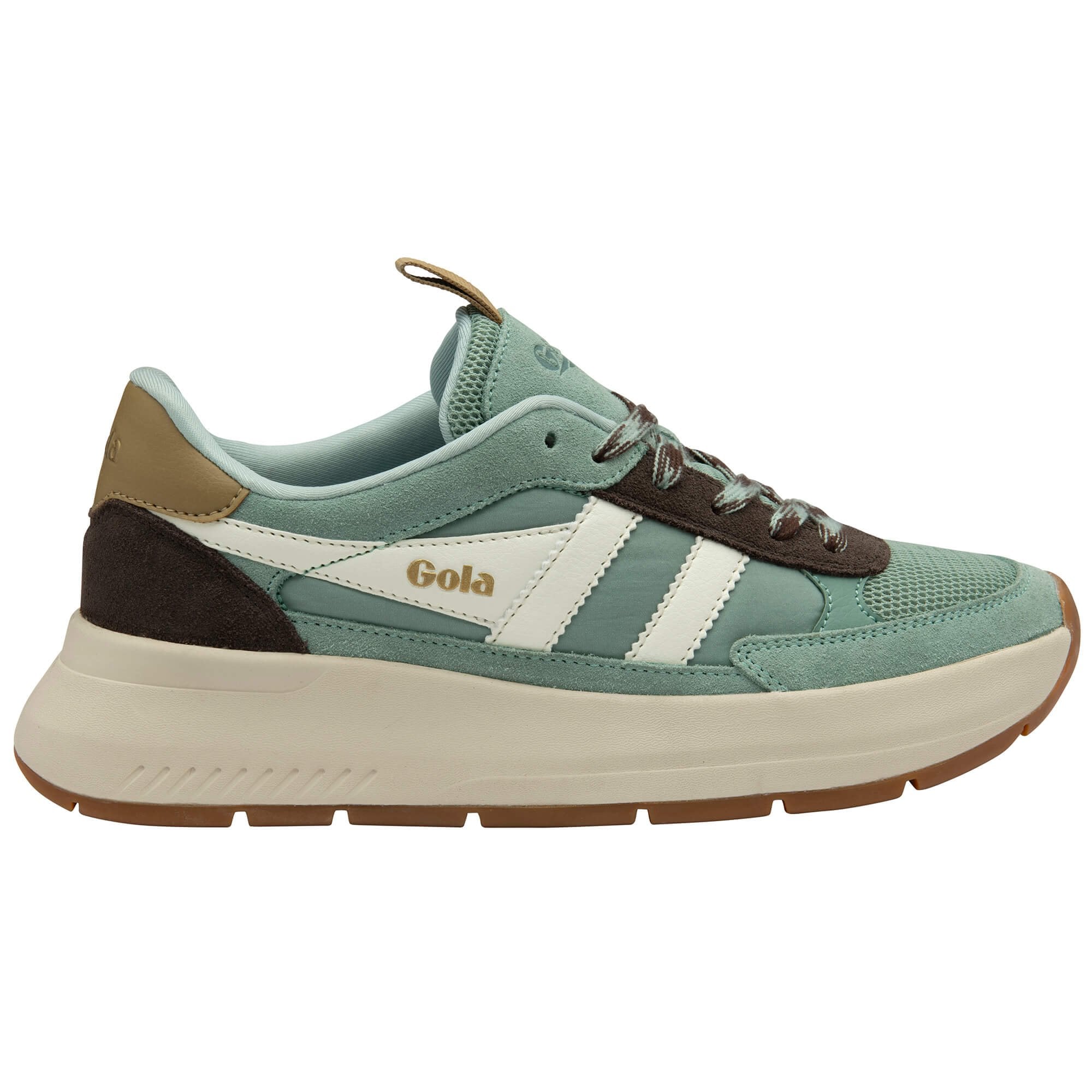 Green trainer with brown and beige accents on a white background