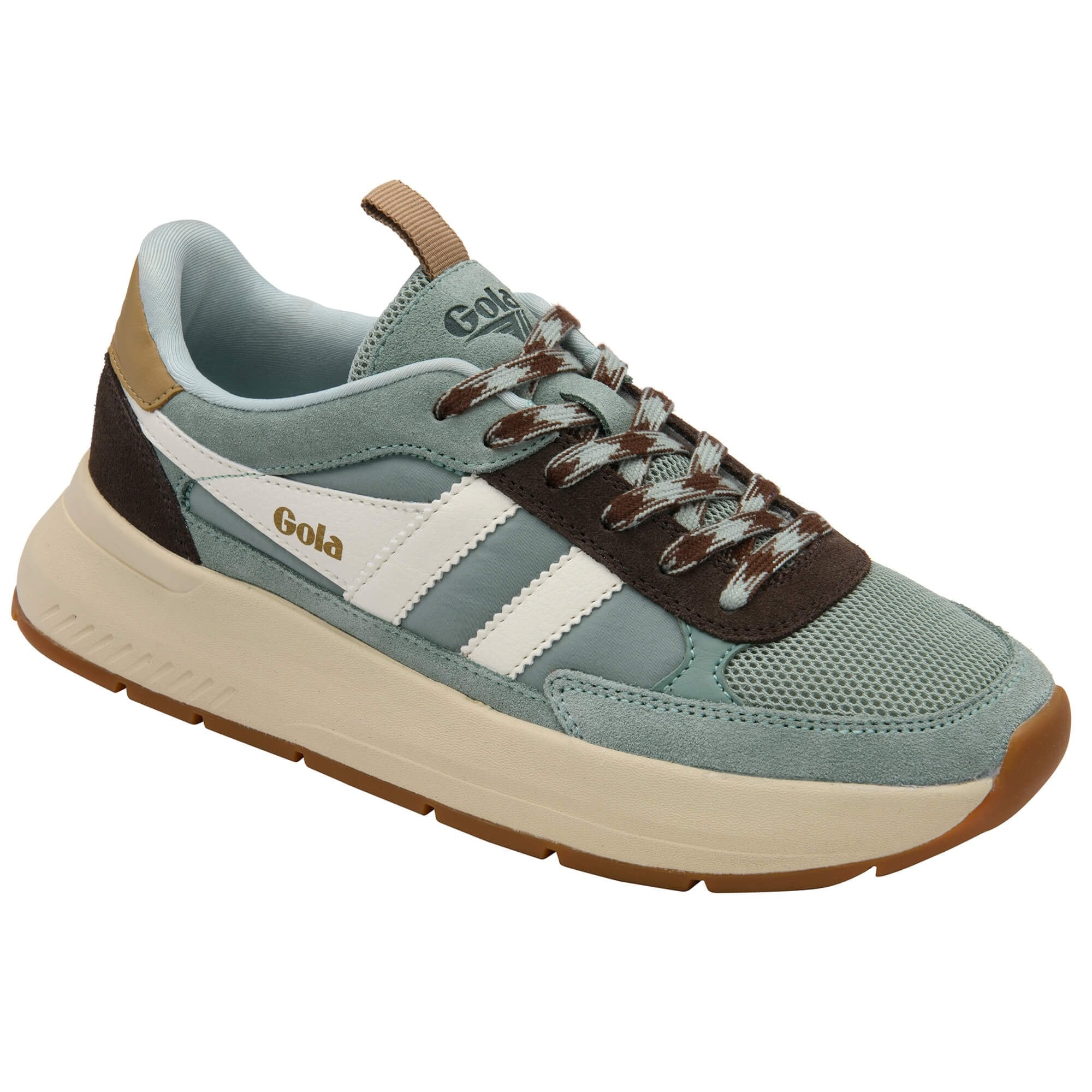 Green and brown trainer with white accents on a white background
