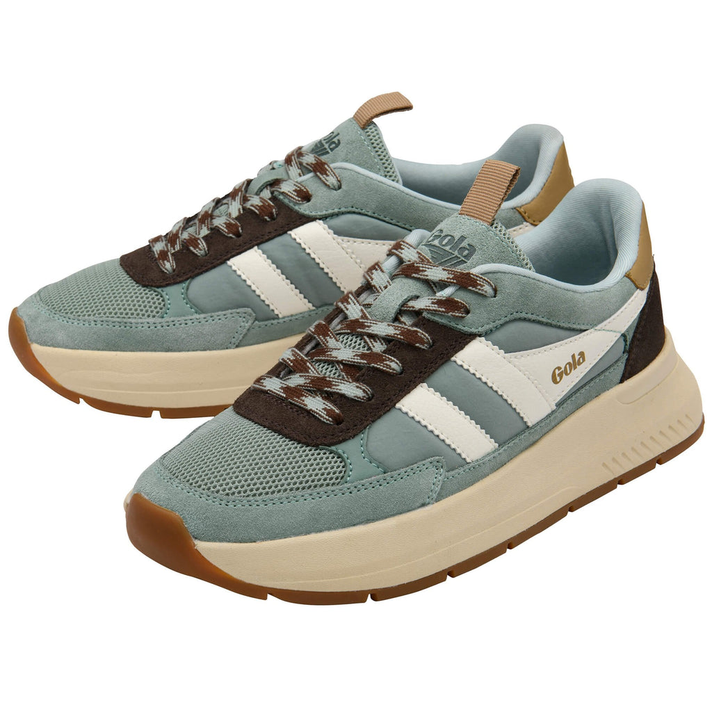 Pair of green and brown trainers with white stripes on a white background