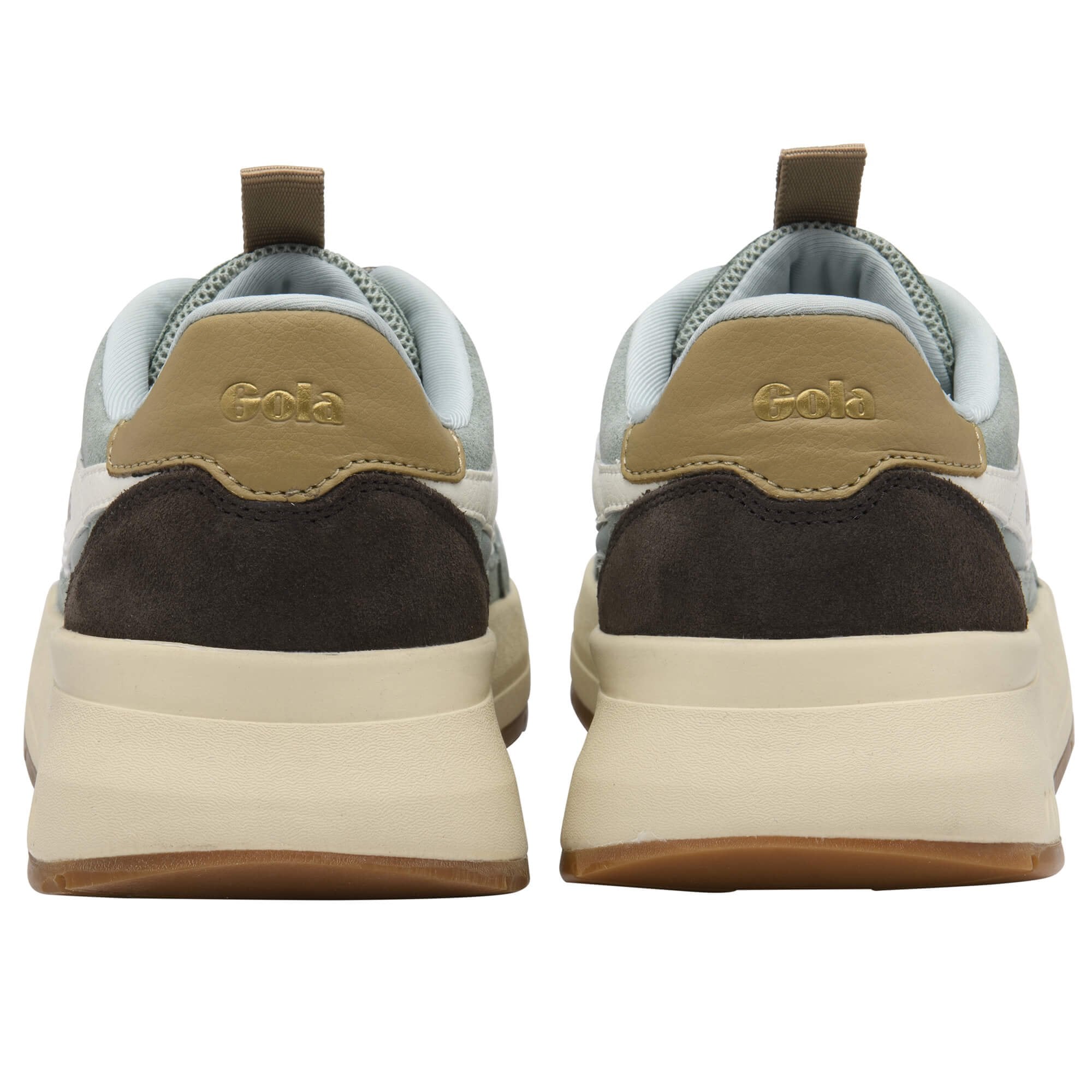 Back view of Gola trainers with brown, beige, and grey colour scheme on a white background